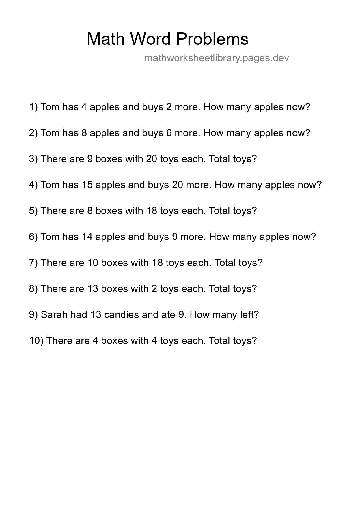 Math Word Problem Worksheet