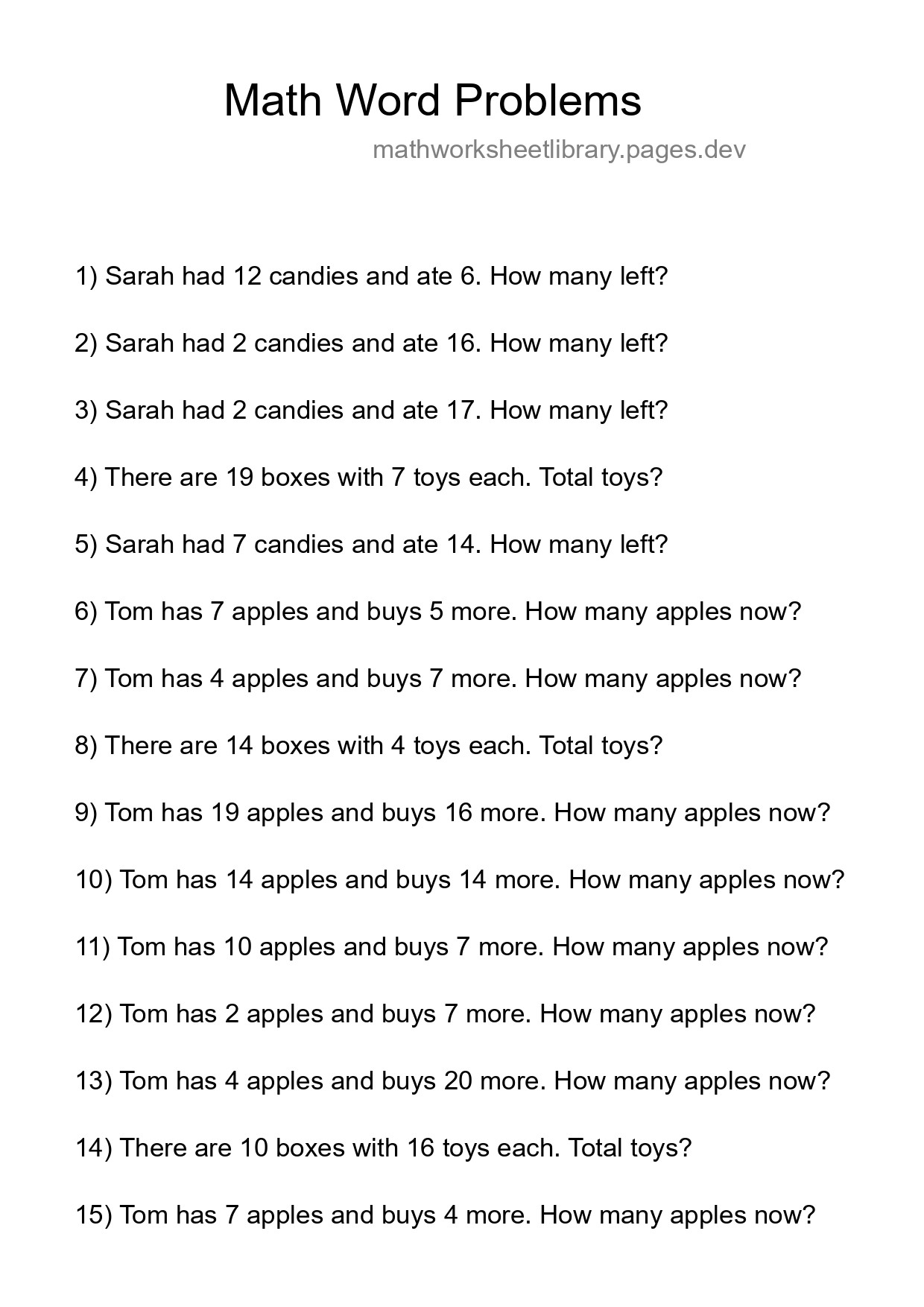 Math Word Problem Worksheet