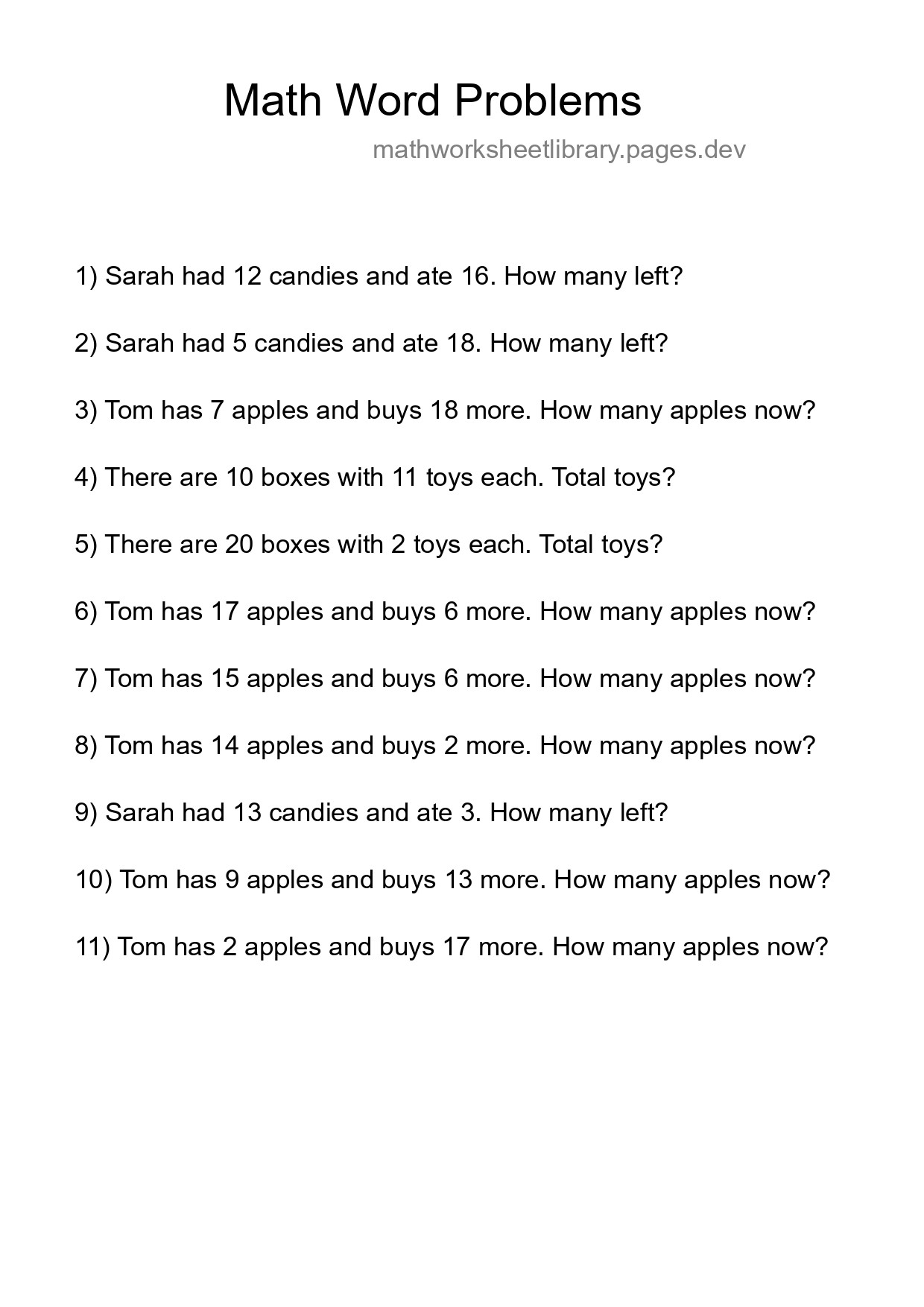 Math Word Problem Worksheet