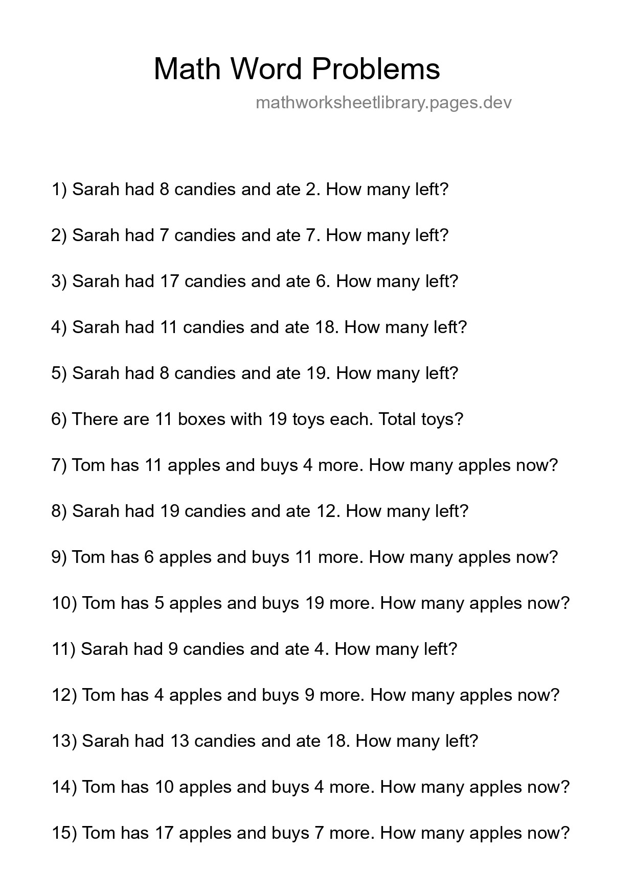 Math Word Problem Worksheet