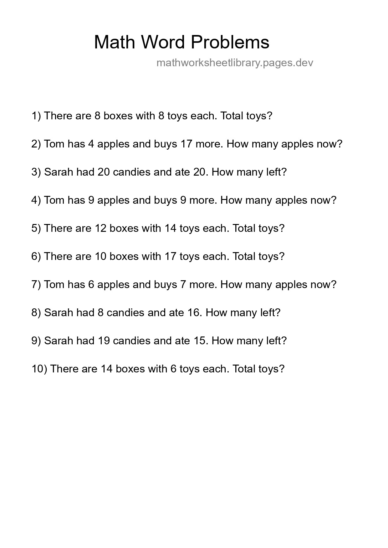 Math Word Problem Worksheet