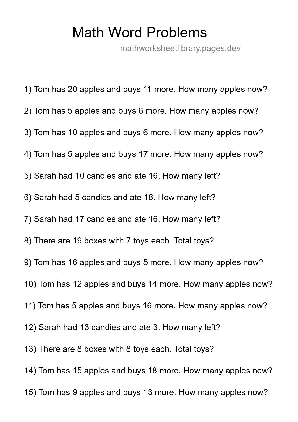 Math Word Problem Worksheet