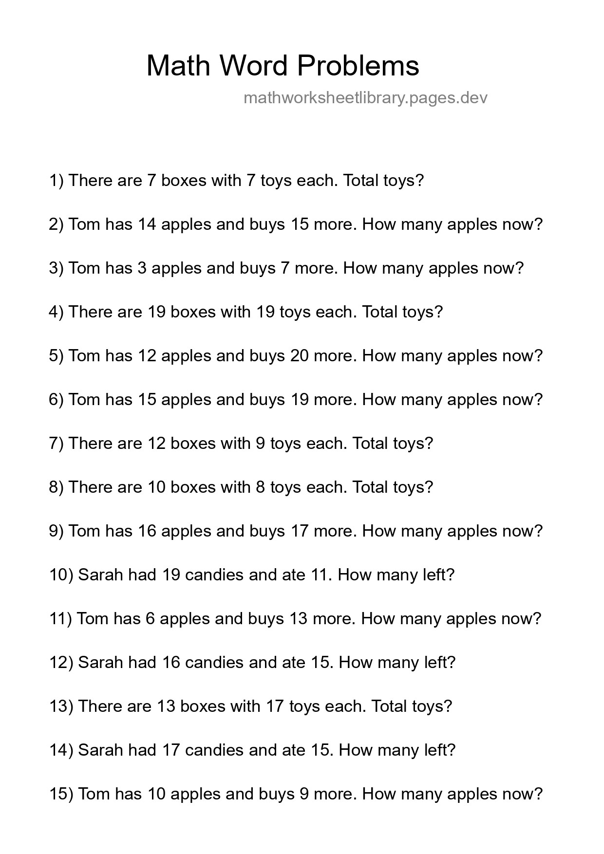 Math Word Problem Worksheet