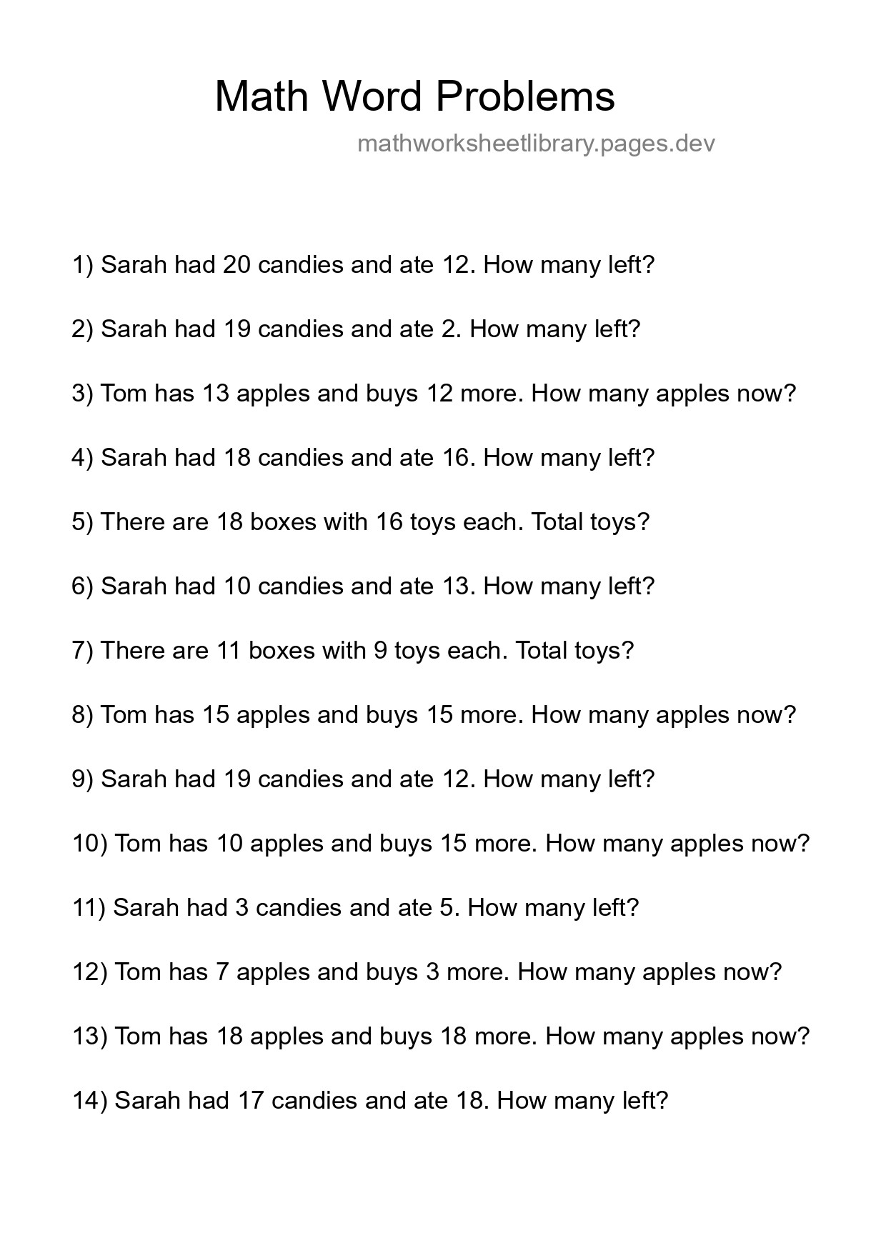 Math Word Problem Worksheet