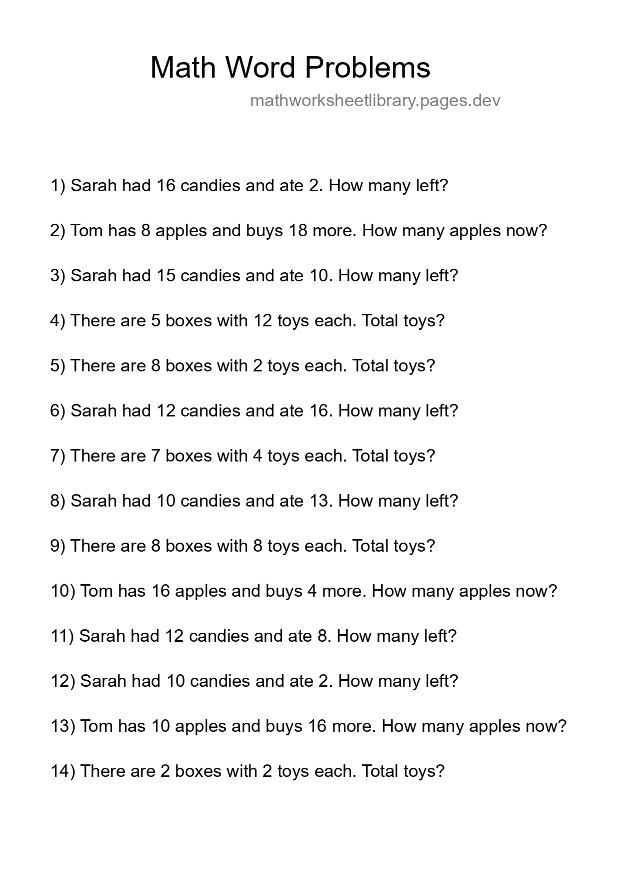 Math Word Problem Worksheet
