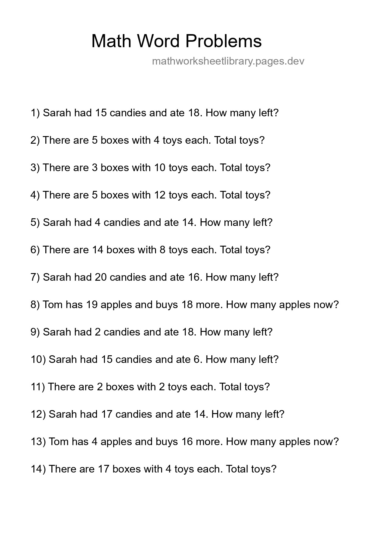 Math Word Problem Worksheet