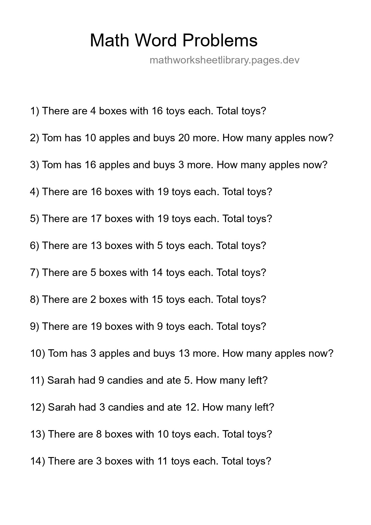 Math Word Problem Worksheet