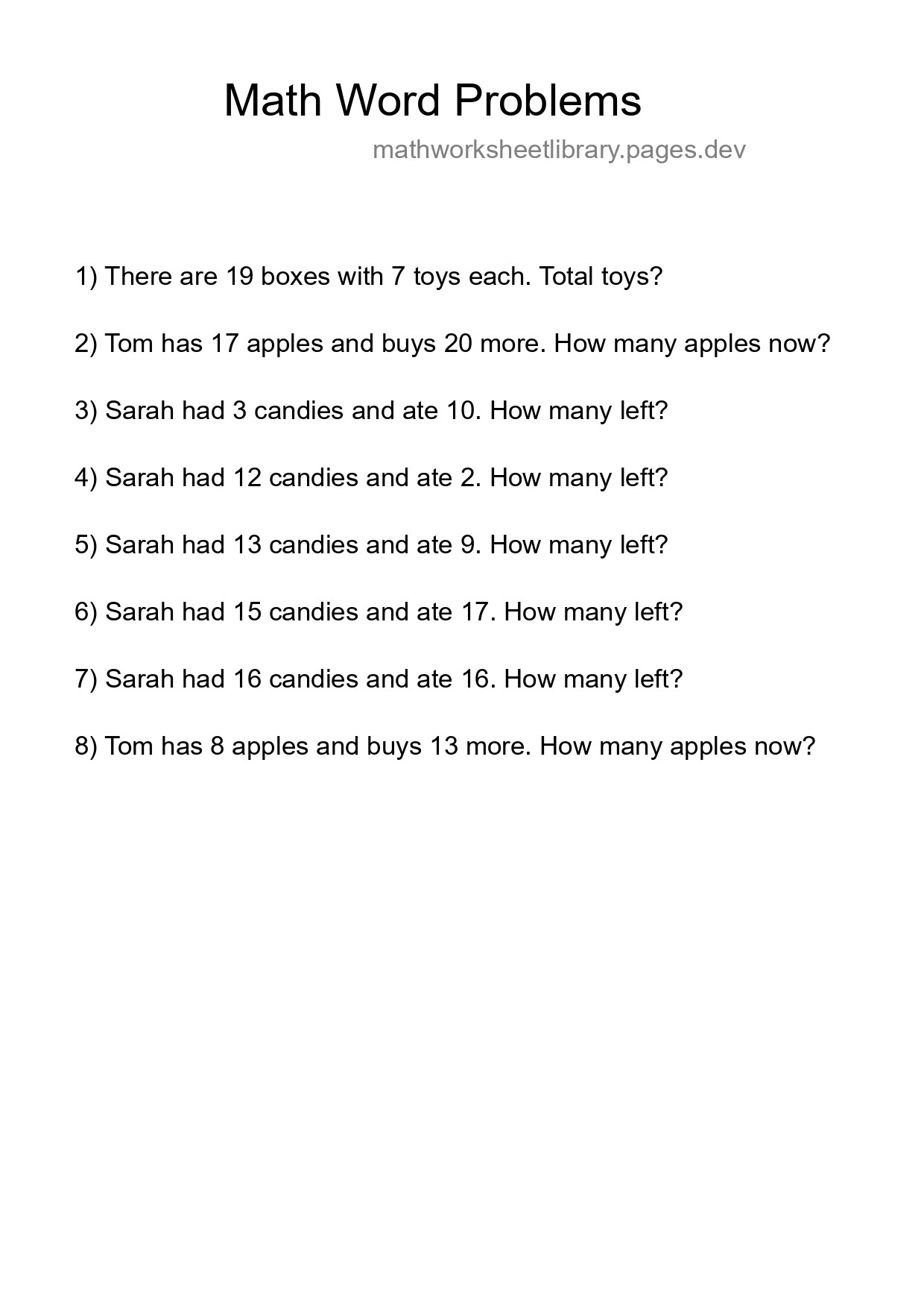 Math Word Problem Worksheet
