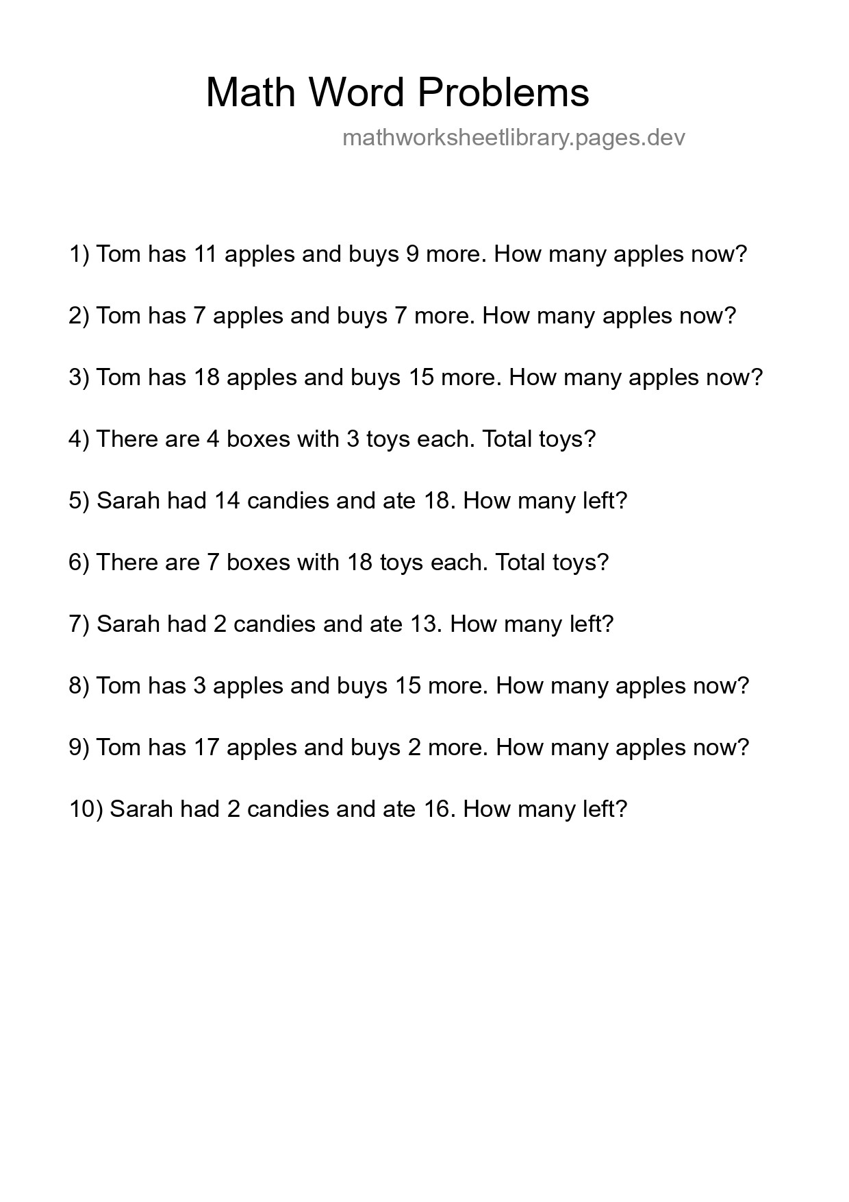 Math Word Problem Worksheet