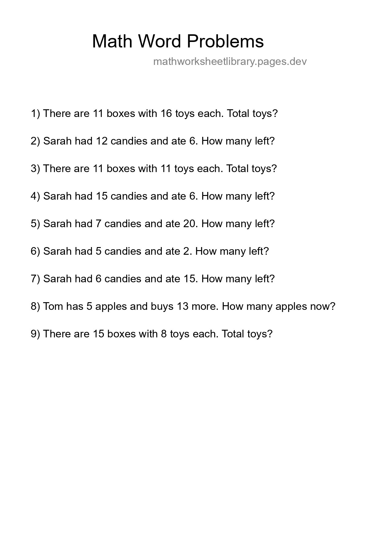 Math Word Problem Worksheet