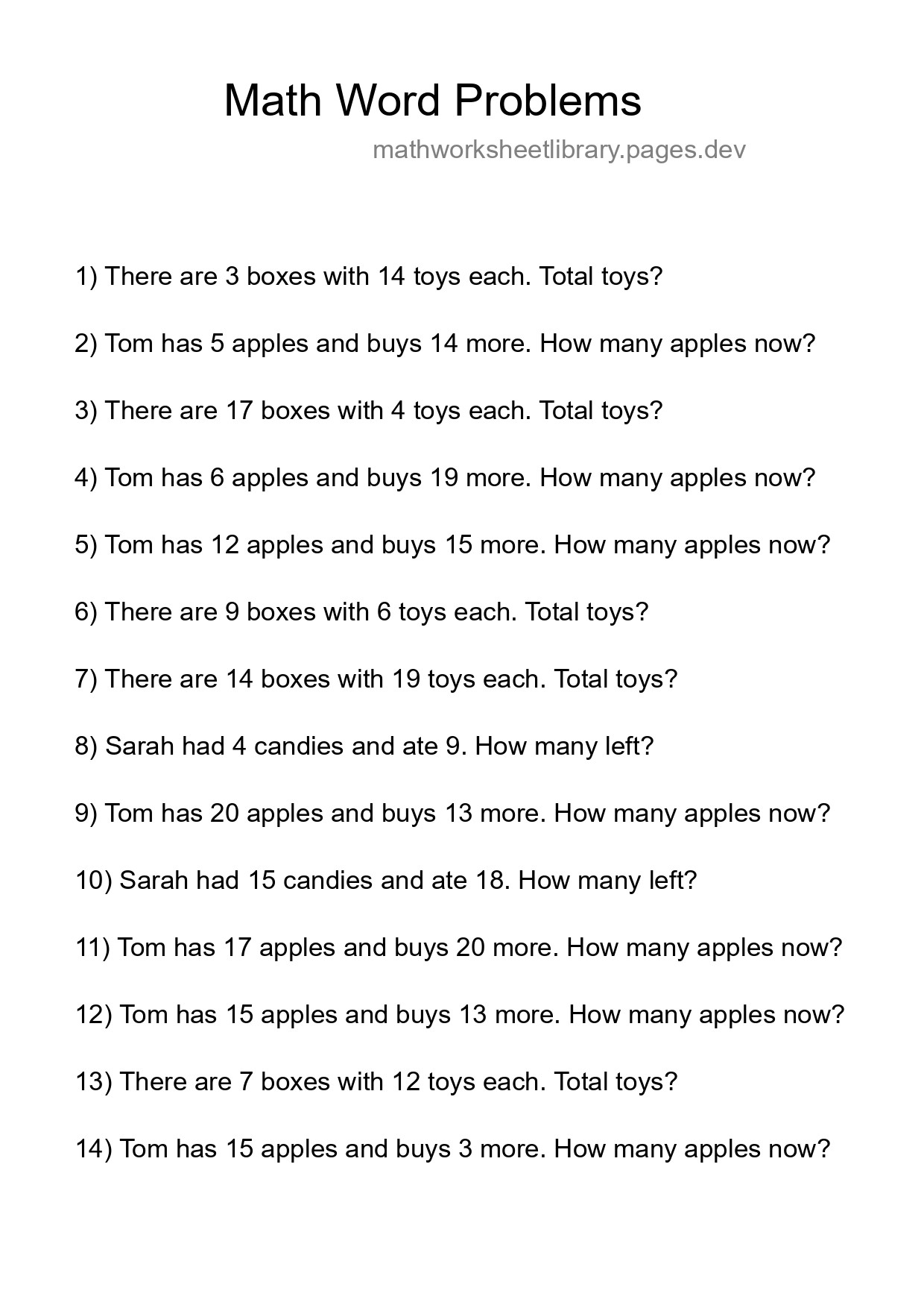 Math Word Problem Worksheet