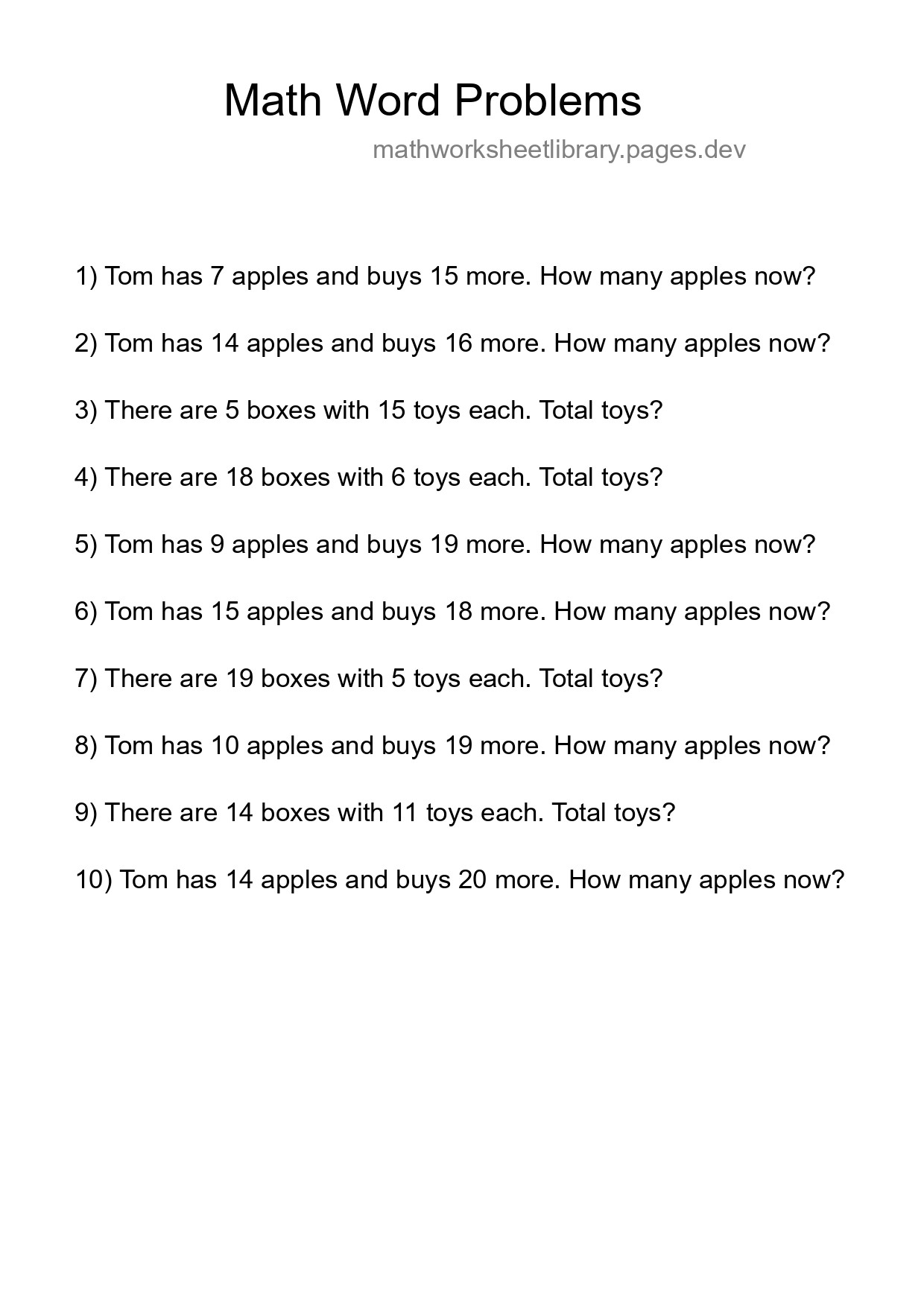 Math Word Problem Worksheet