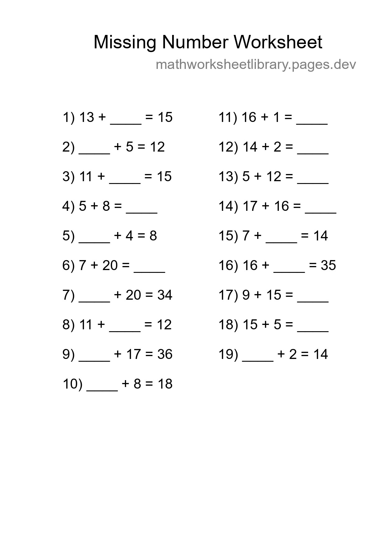 Missing Number Math Worksheet