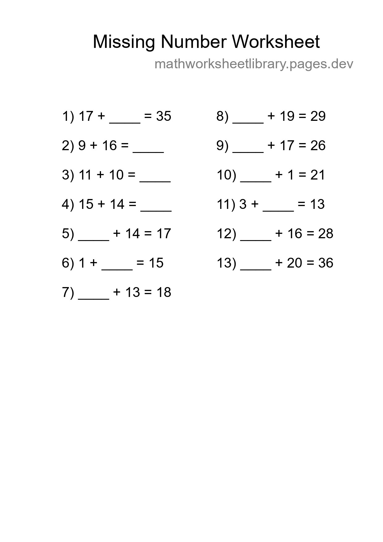 Missing Number Math Worksheet