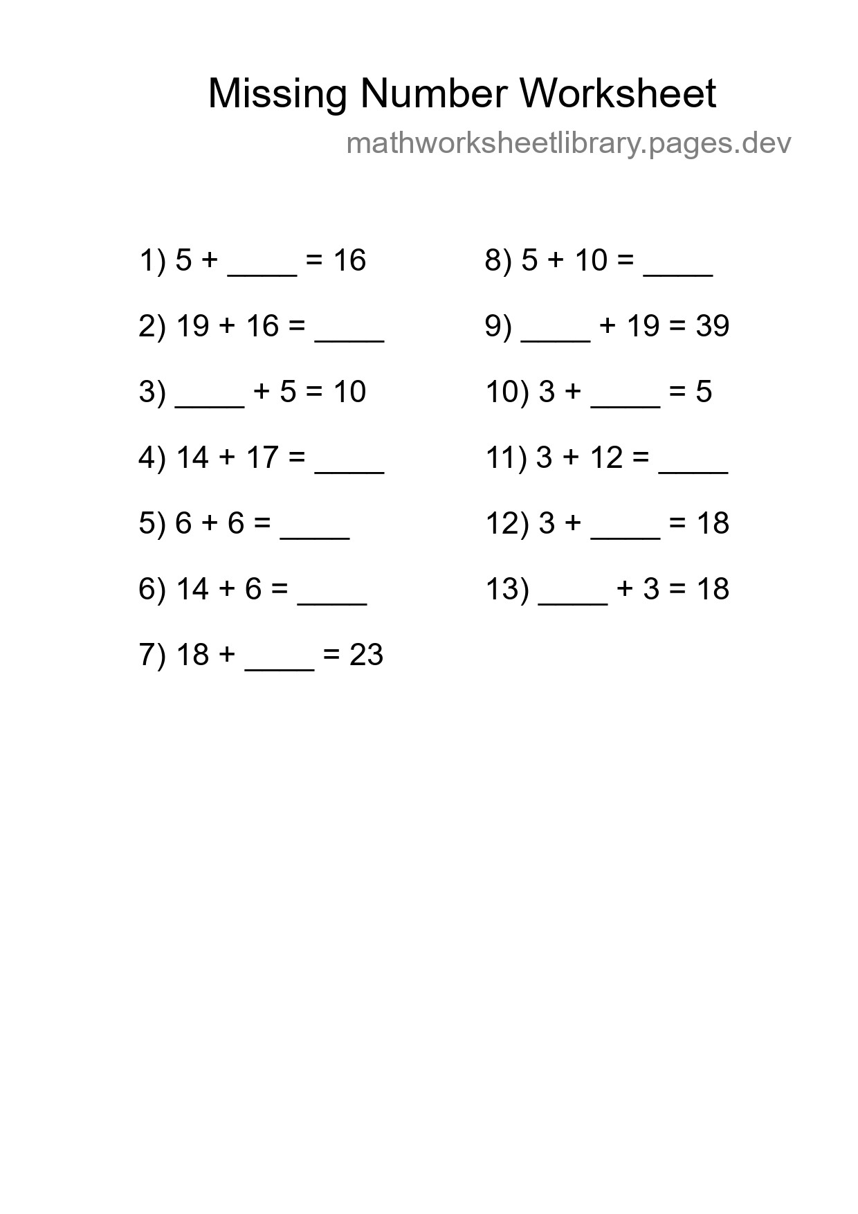 Missing Number Math Worksheet