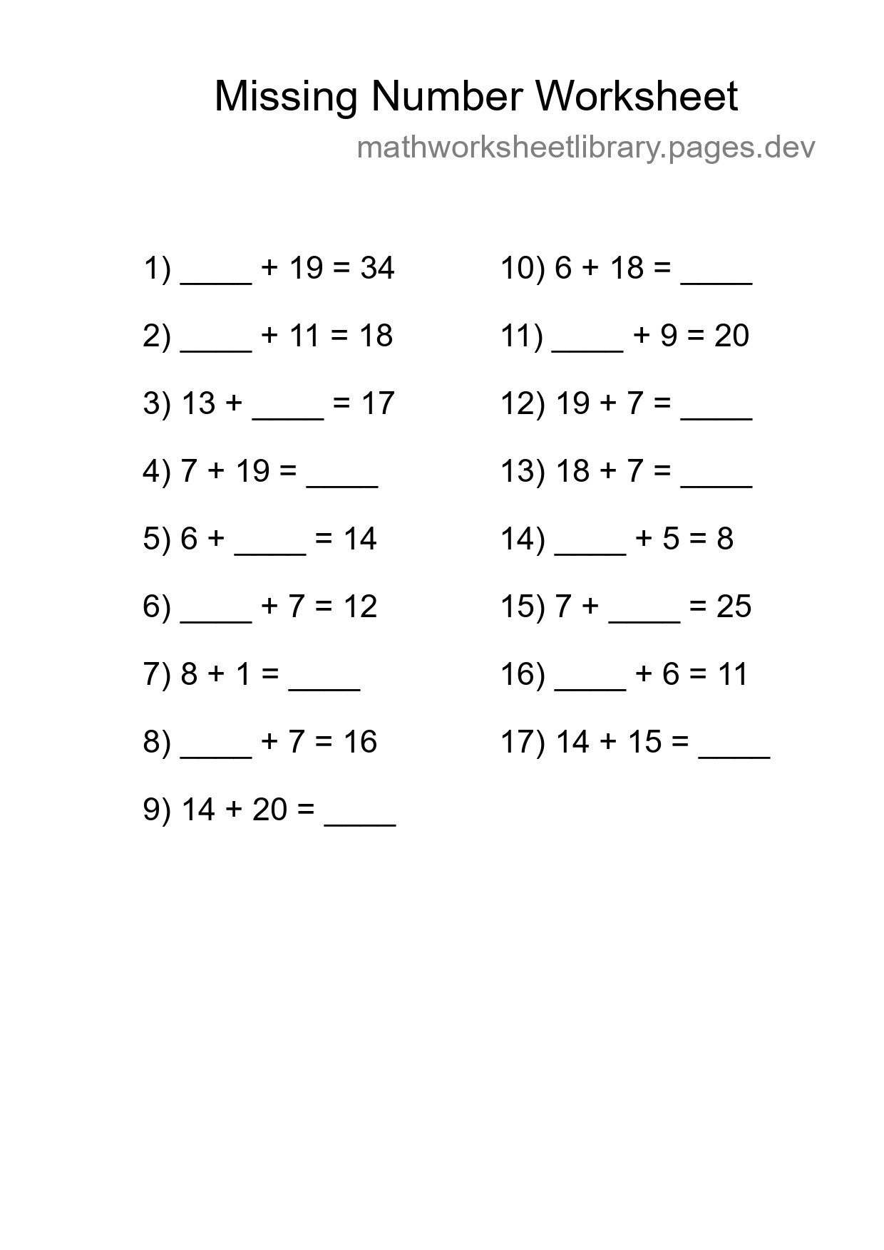 Missing Number Math Worksheet