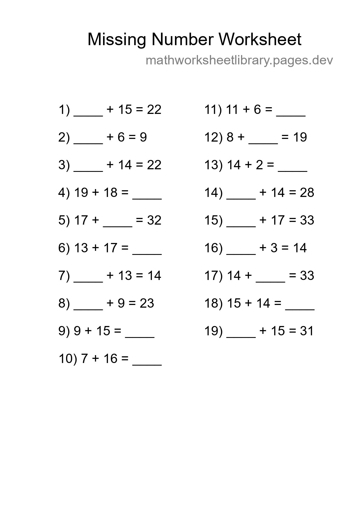 Missing Number Math Worksheet