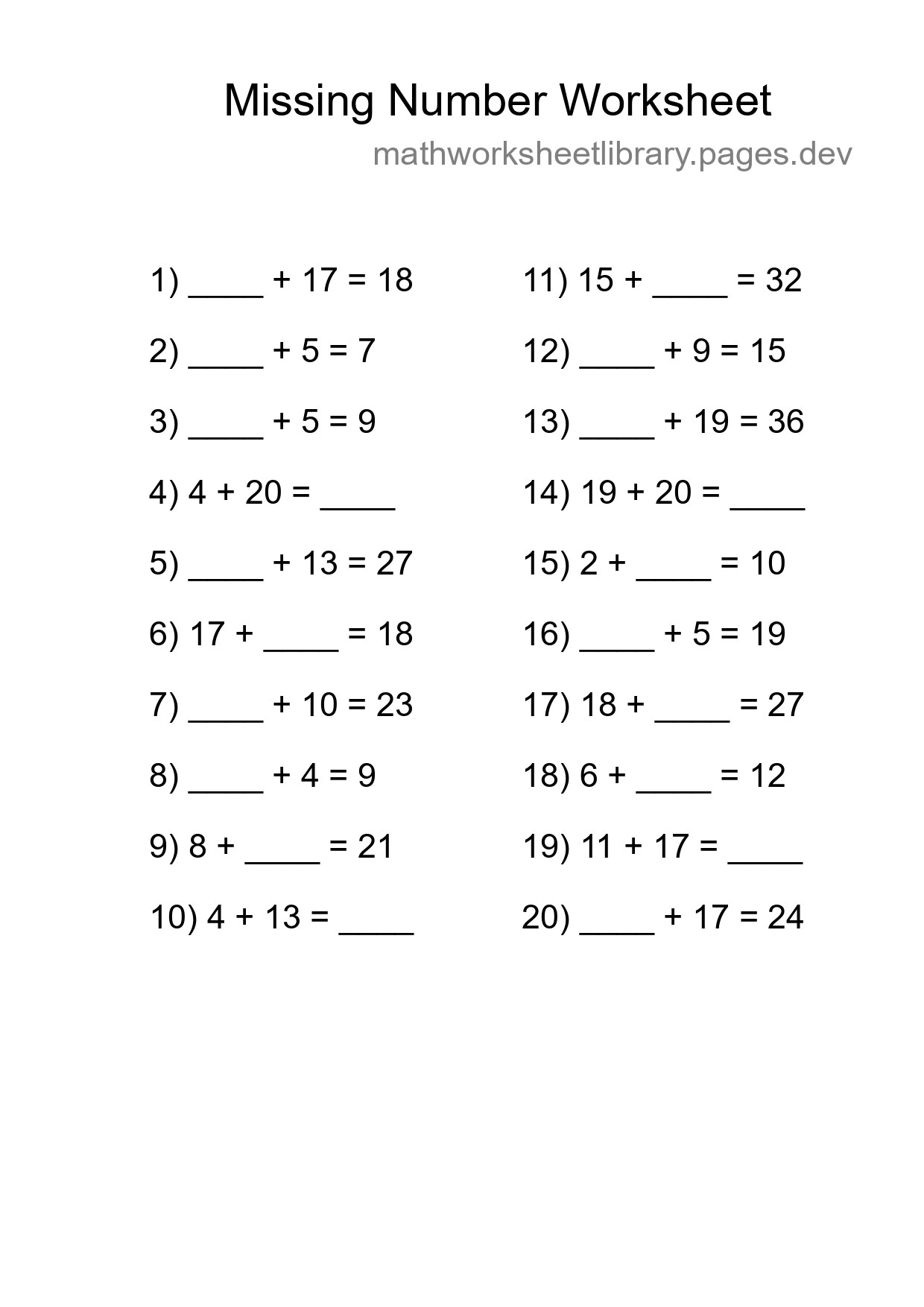 Missing Number Math Worksheet