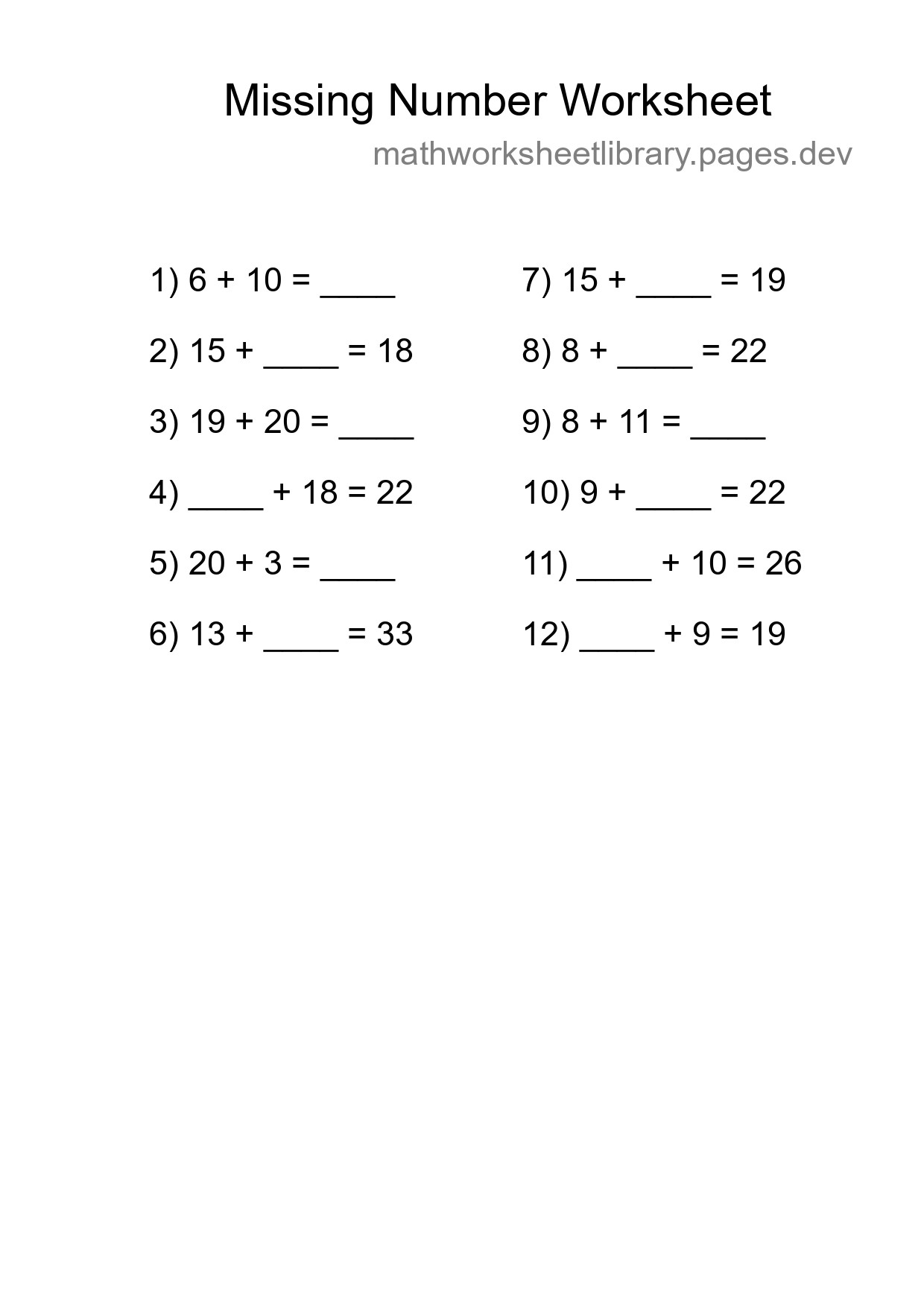 Missing Number Math Worksheet