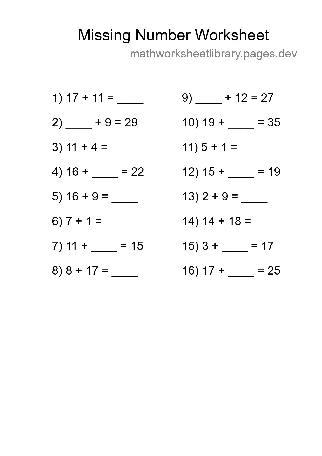 Missing Number Math Worksheet