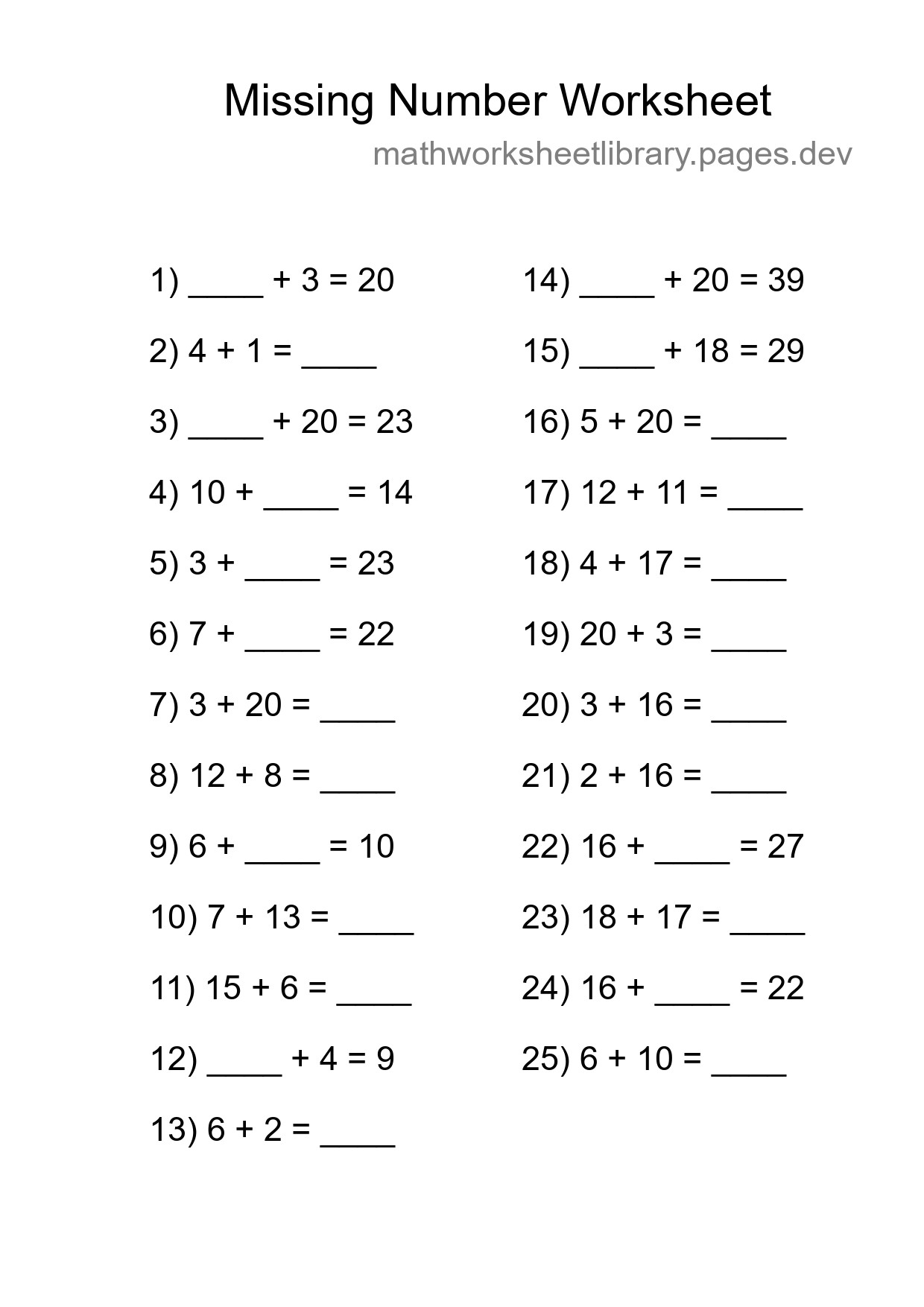 Missing Number Math Worksheet