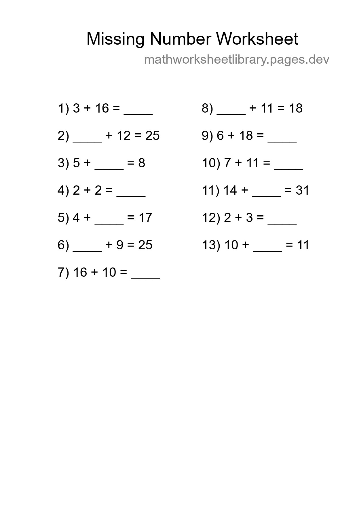 Missing Number Math Worksheet