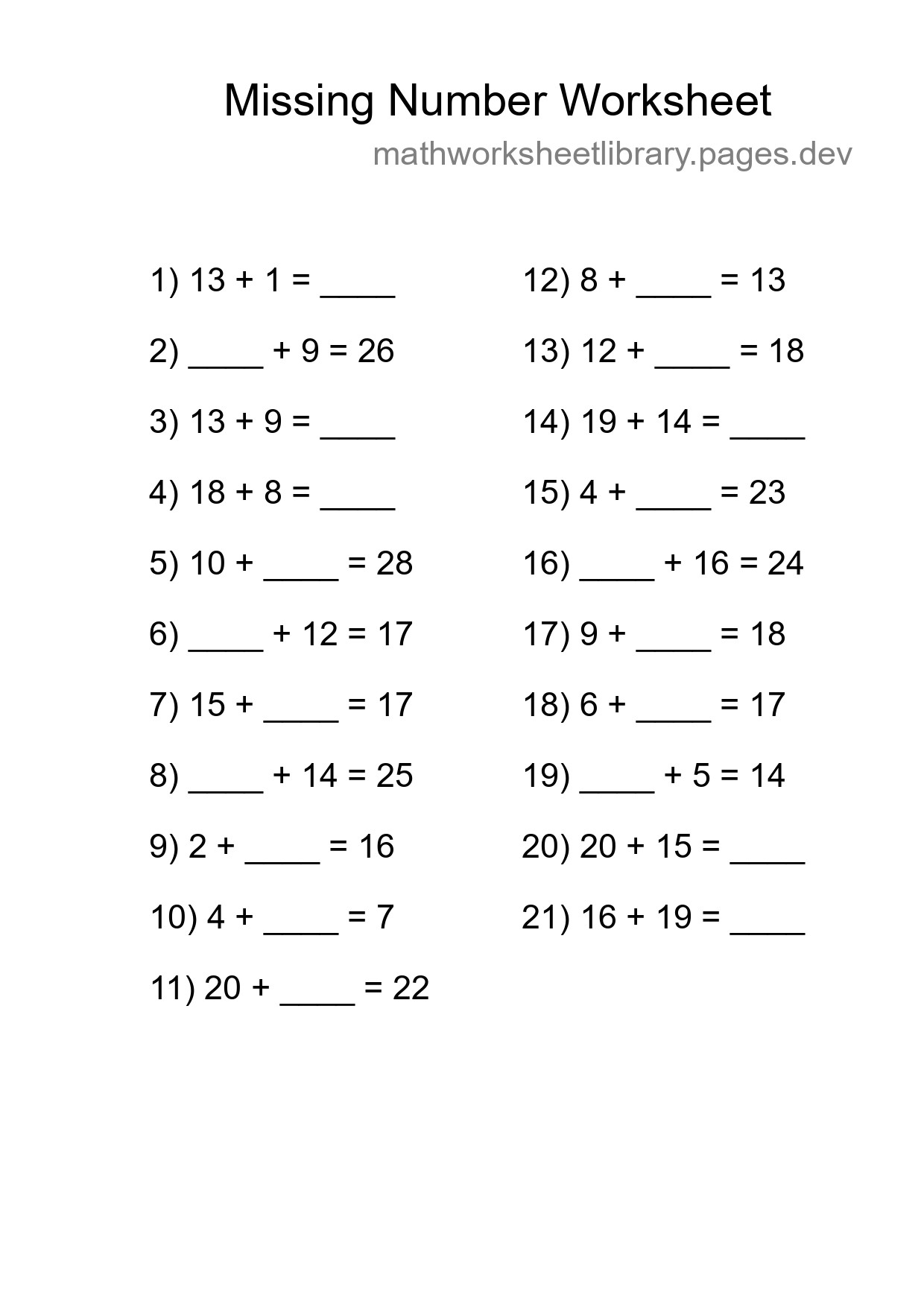 Missing Number Math Worksheet