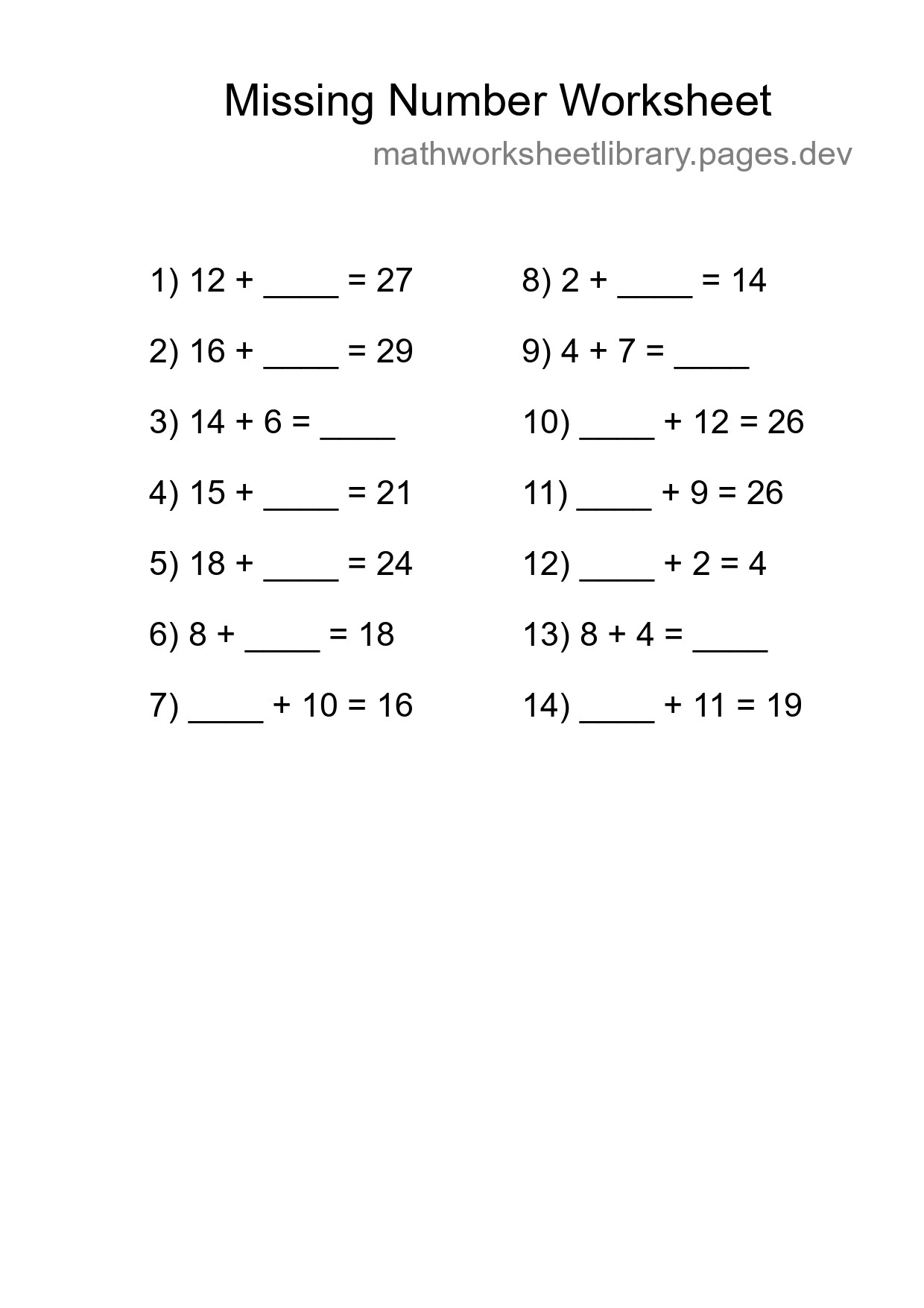 Missing Number Math Worksheet