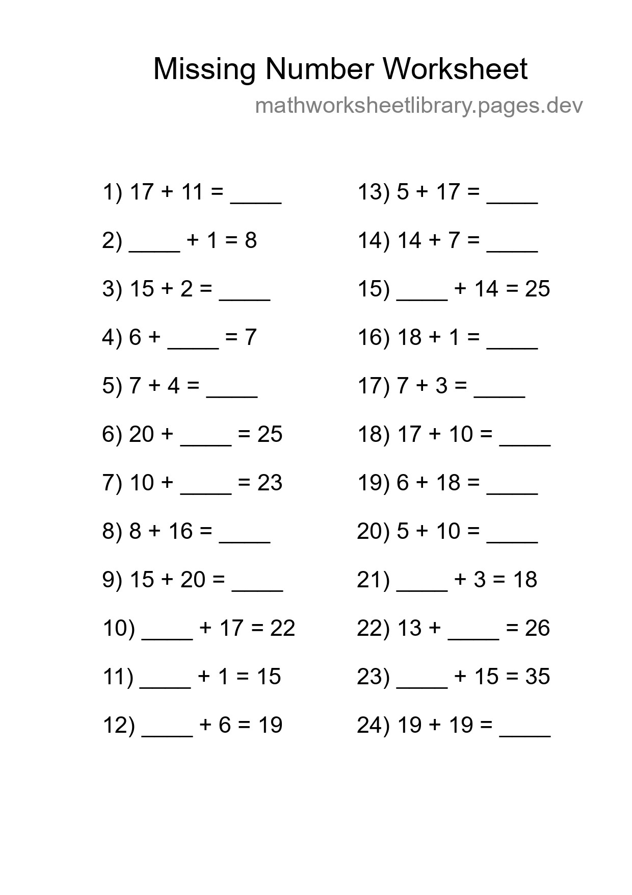 Missing Number Math Worksheet