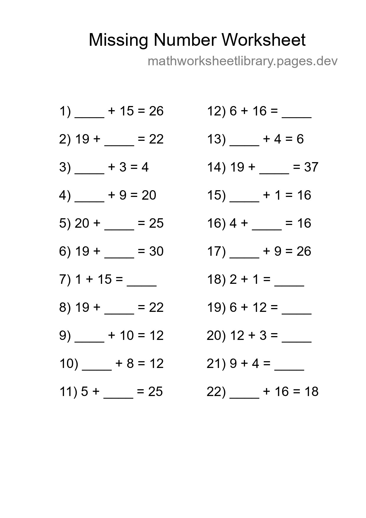 Missing Number Math Worksheet