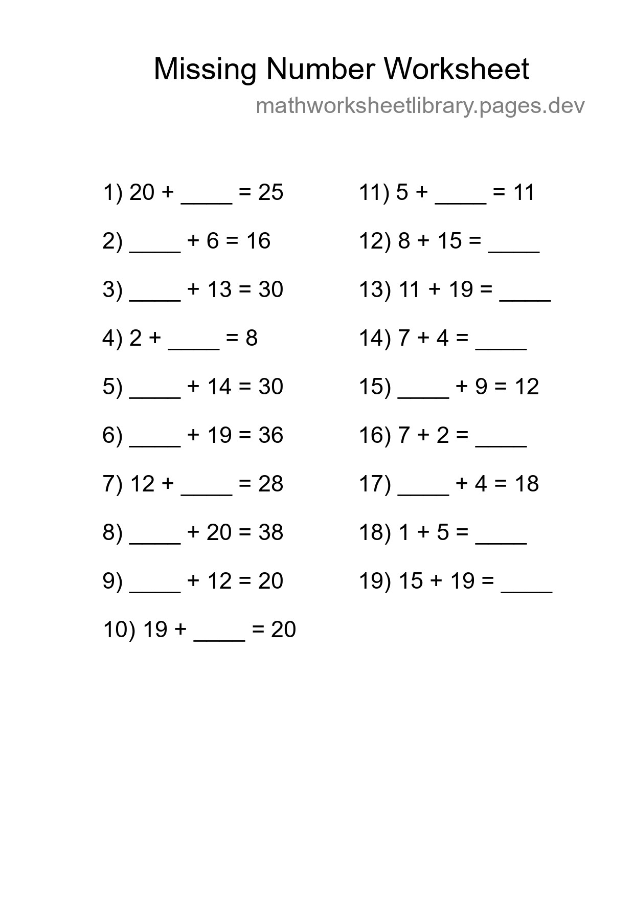 Missing Number Math Worksheet