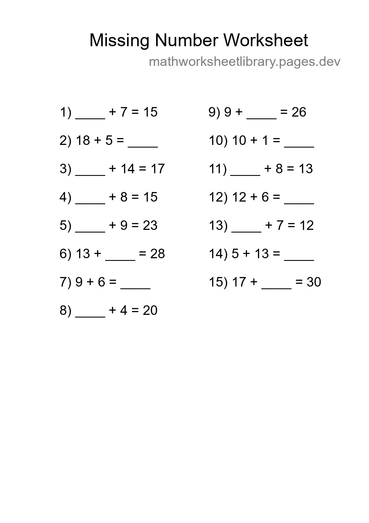 Missing Number Math Worksheet