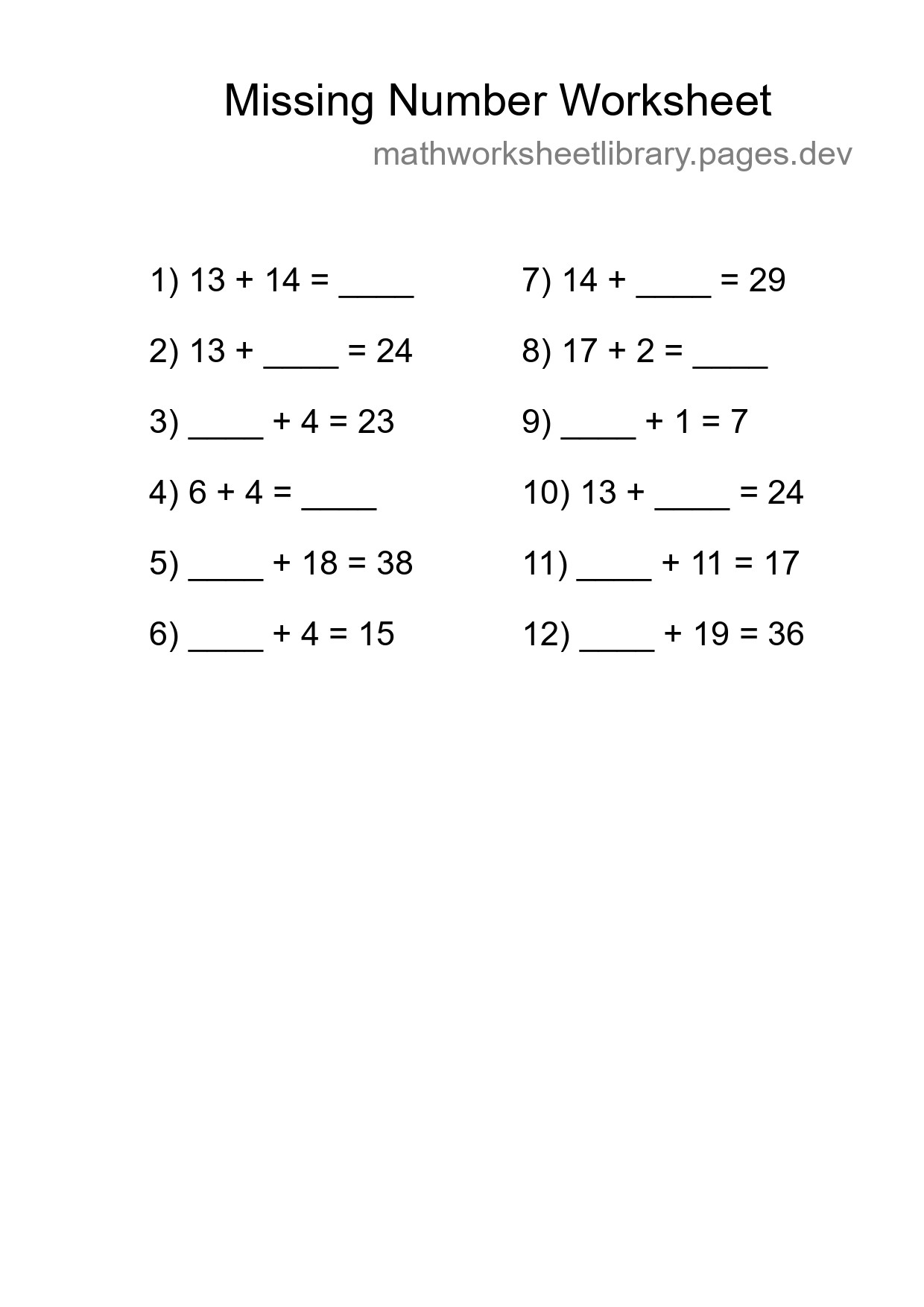 Missing Number Math Worksheet
