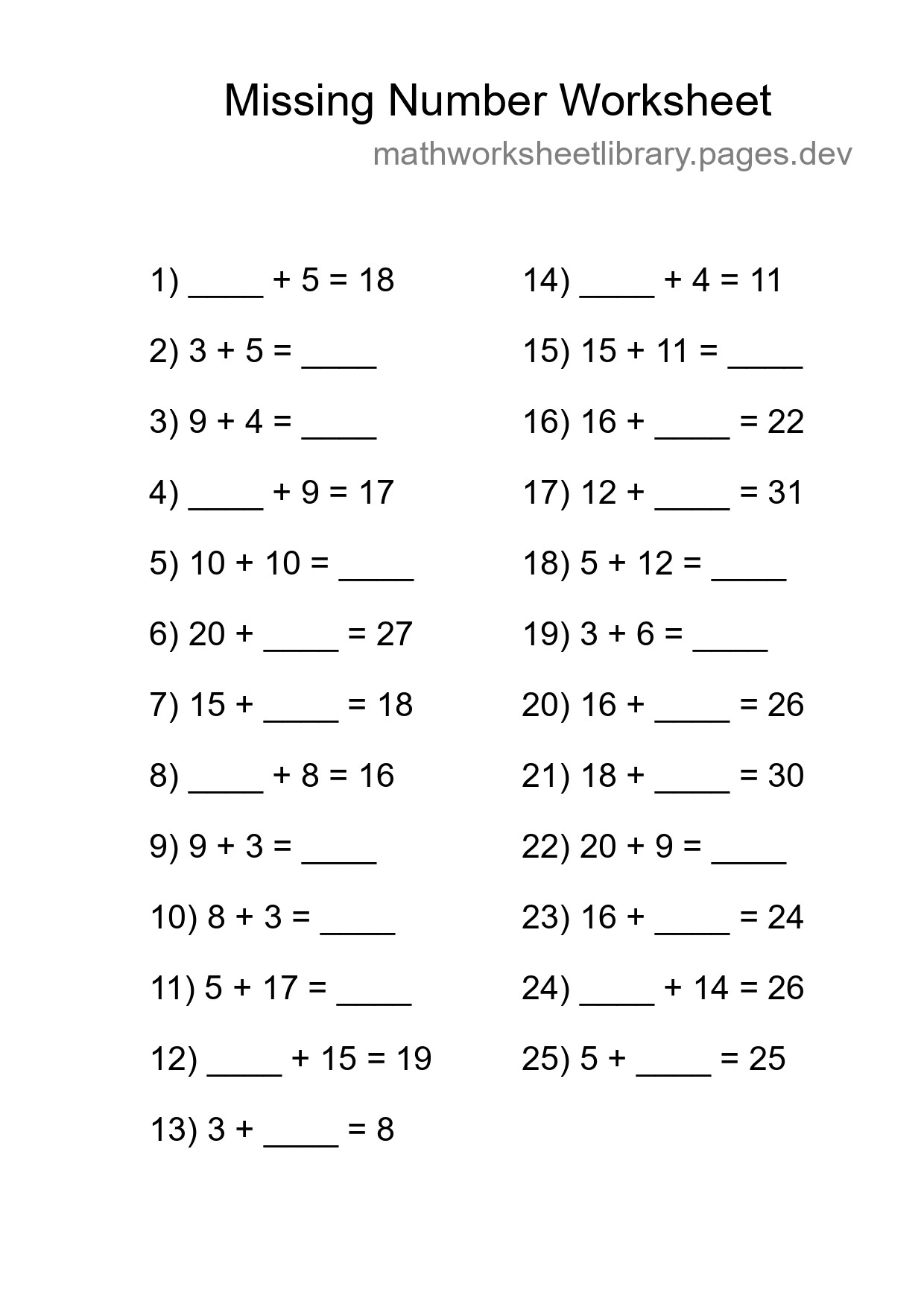 Missing Number Math Worksheet