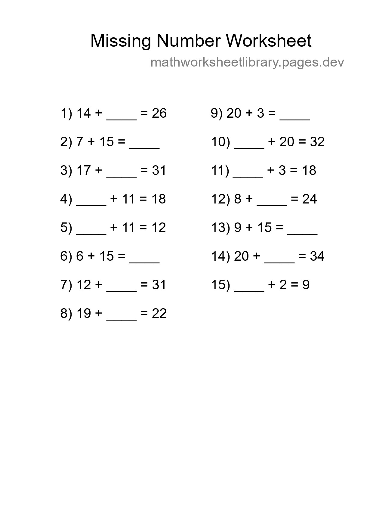 Missing Number Math Worksheet
