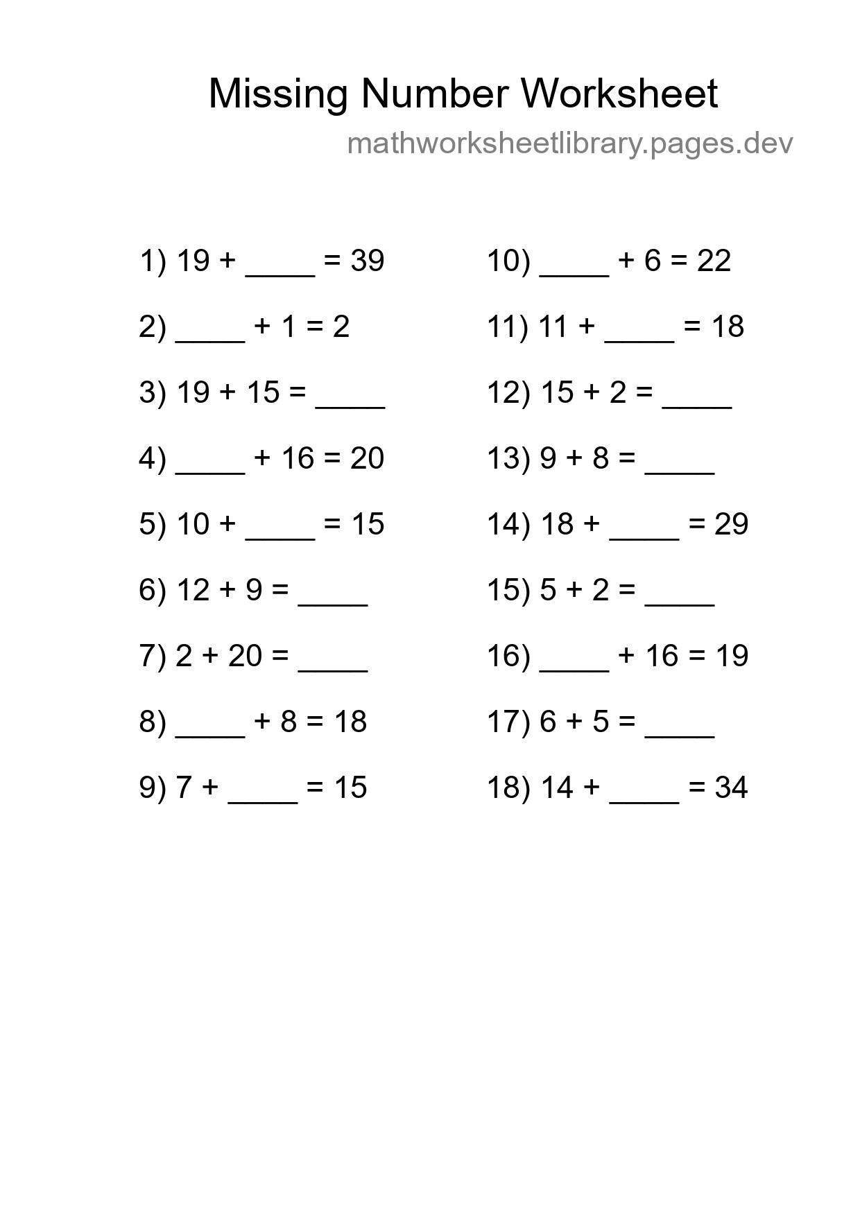 Missing Number Math Worksheet