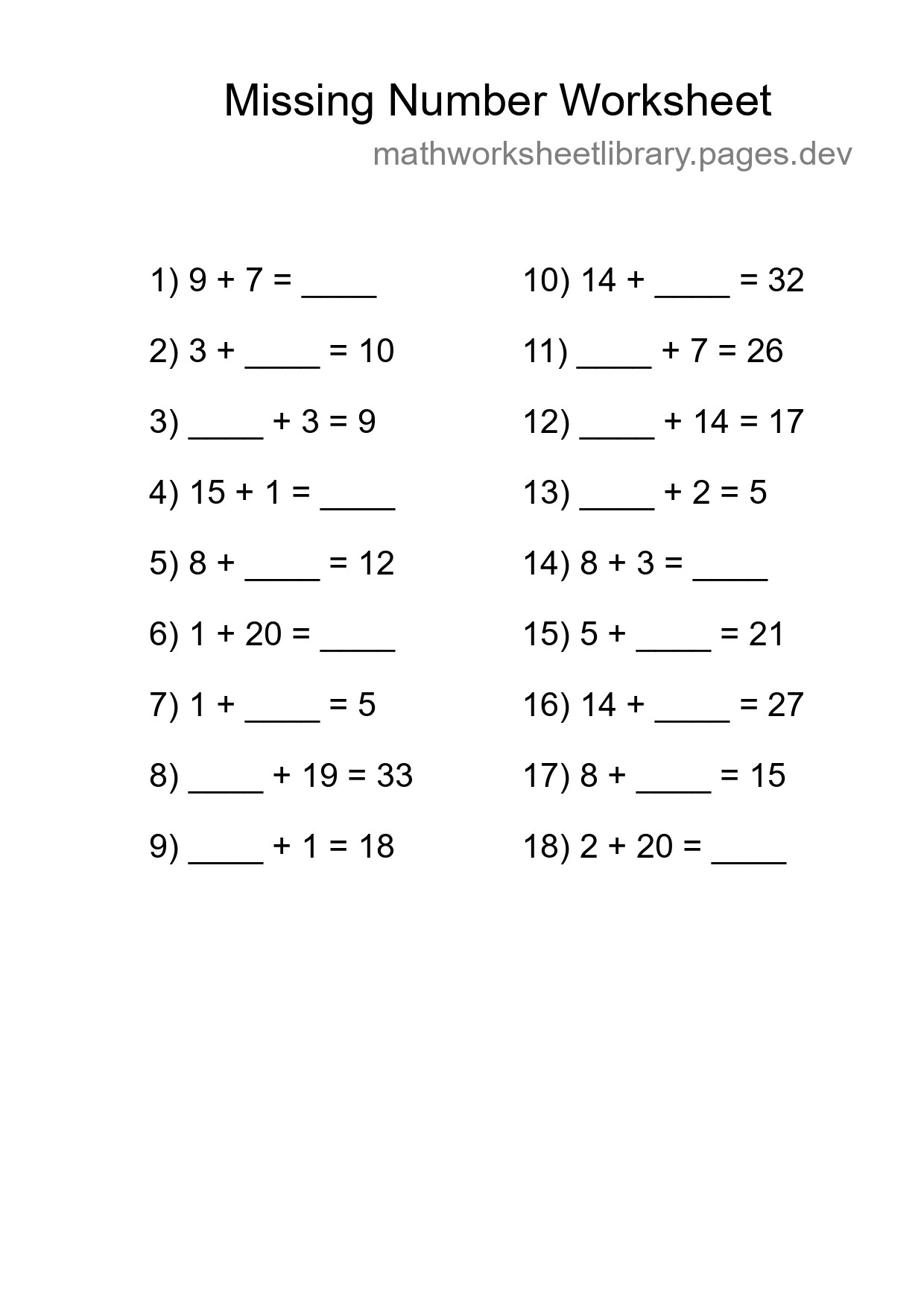 Missing Number Math Worksheet