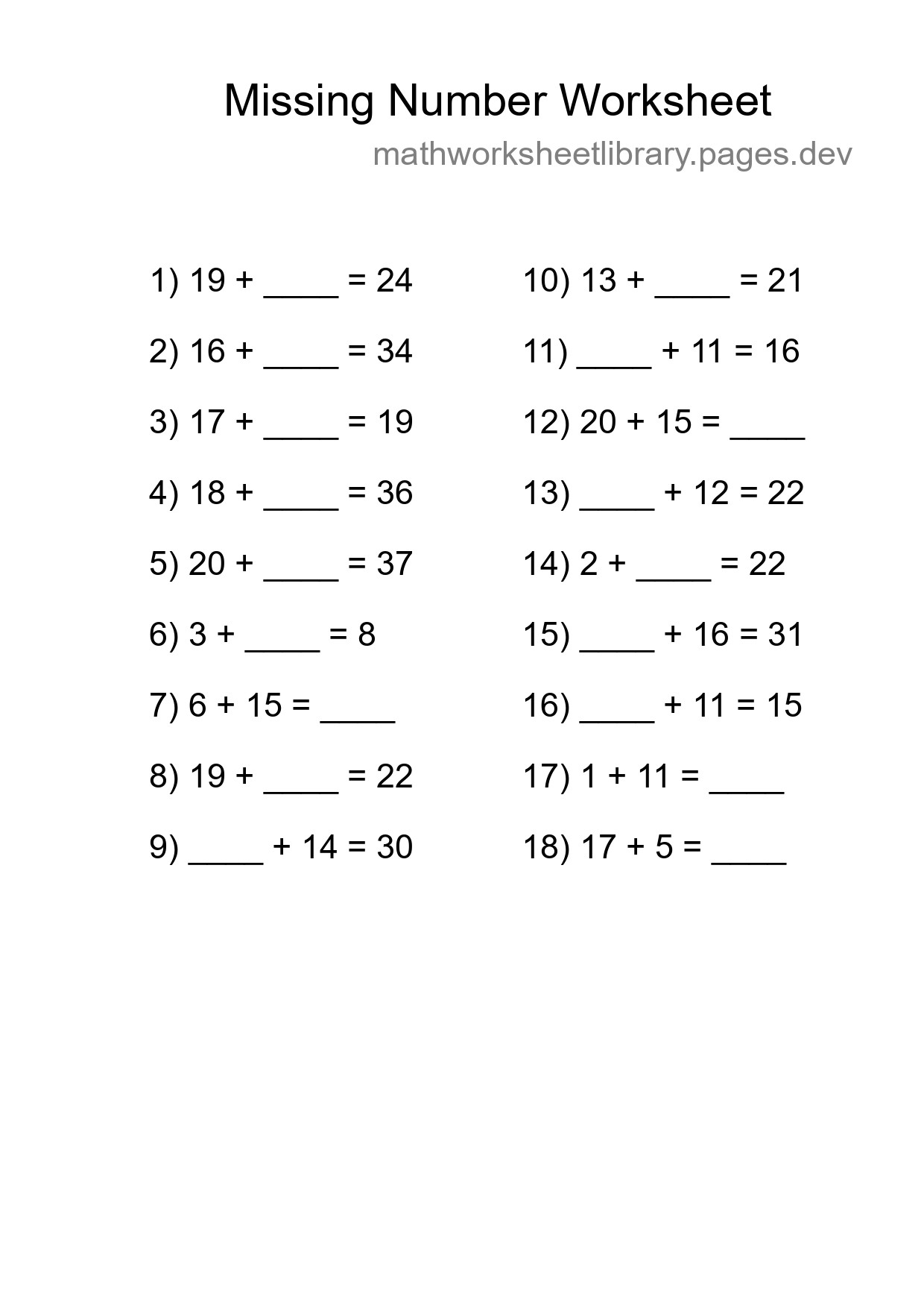 Missing Number Math Worksheet