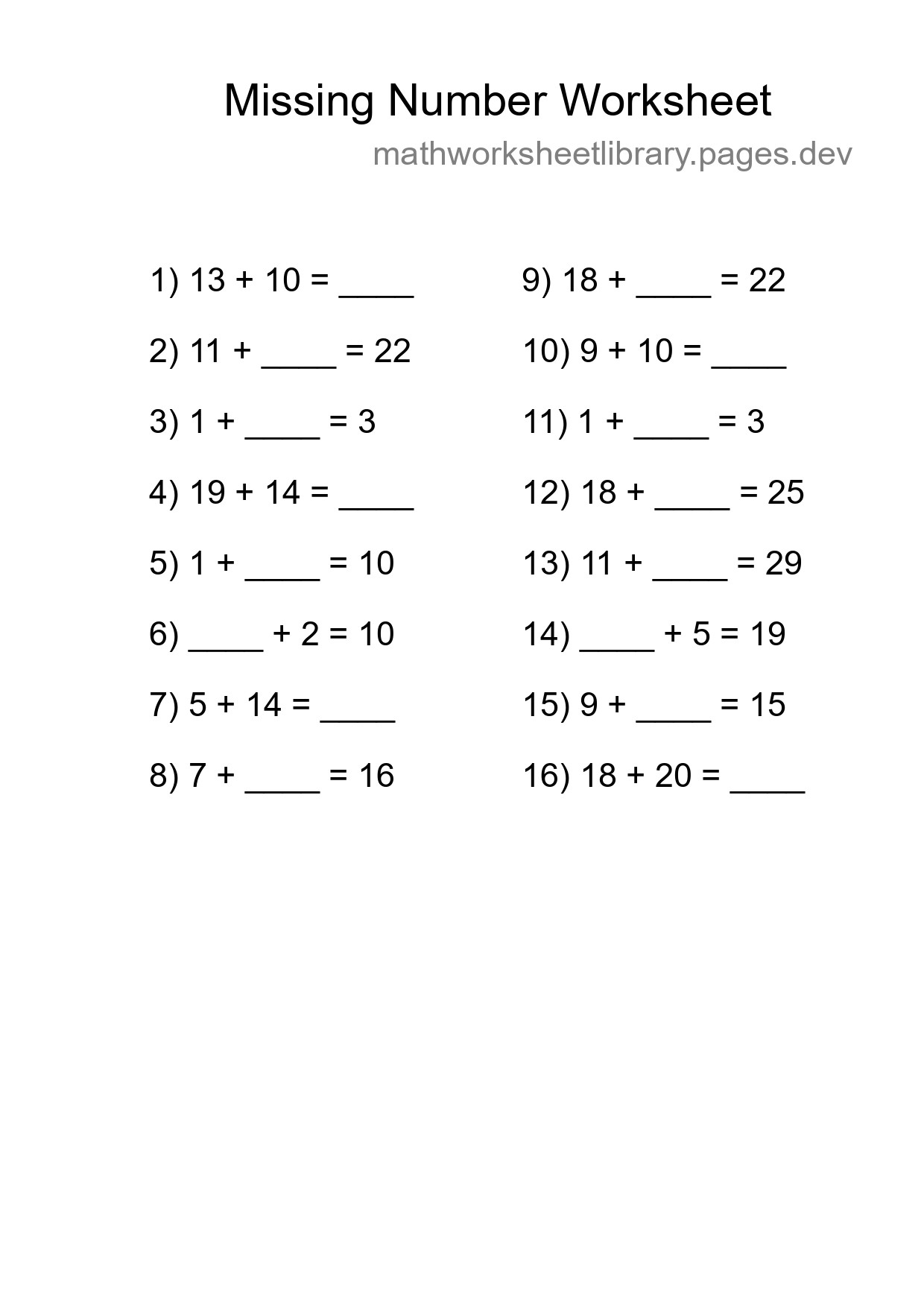 Missing Number Math Worksheet