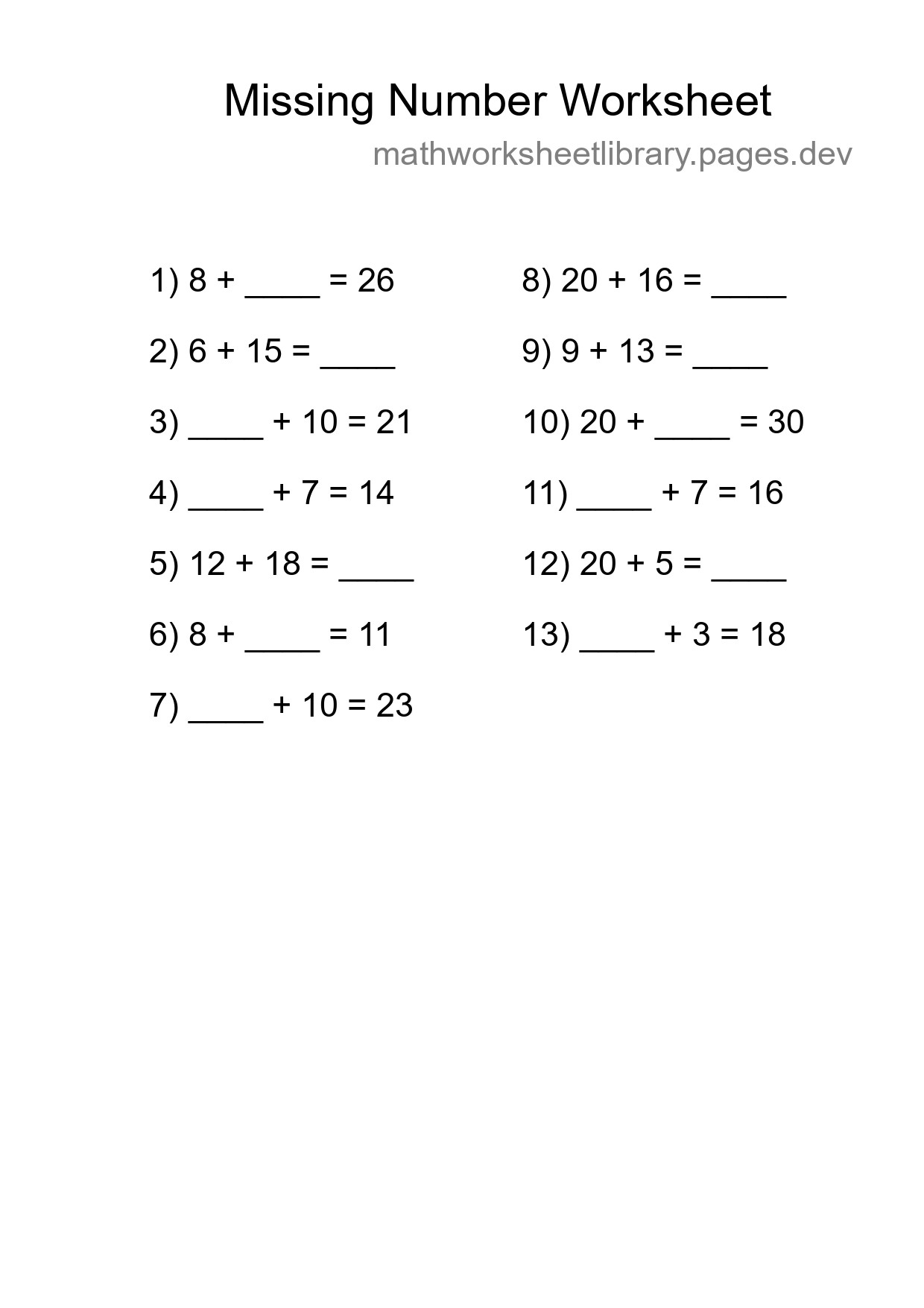 Missing Number Math Worksheet