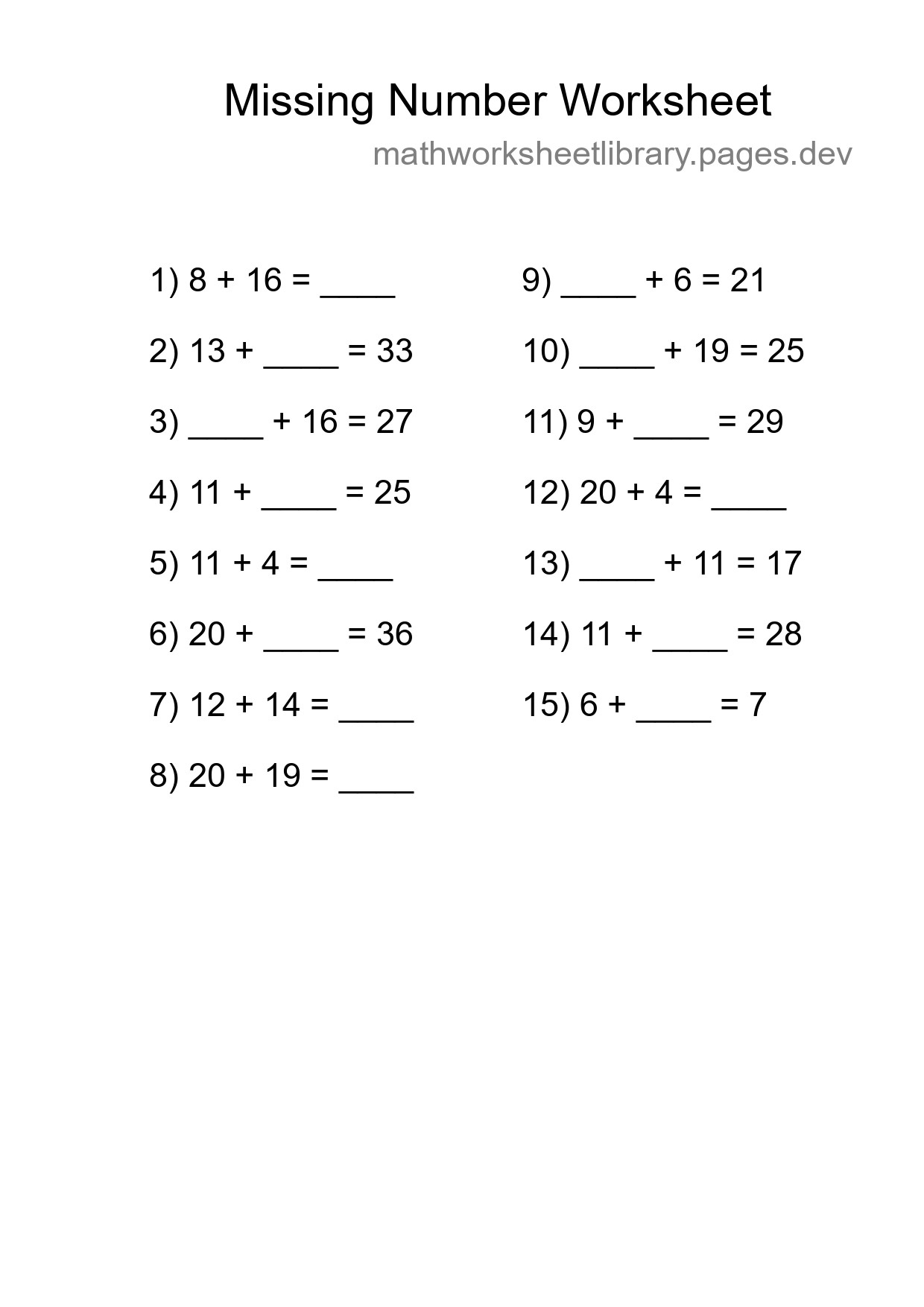 Missing Number Math Worksheet