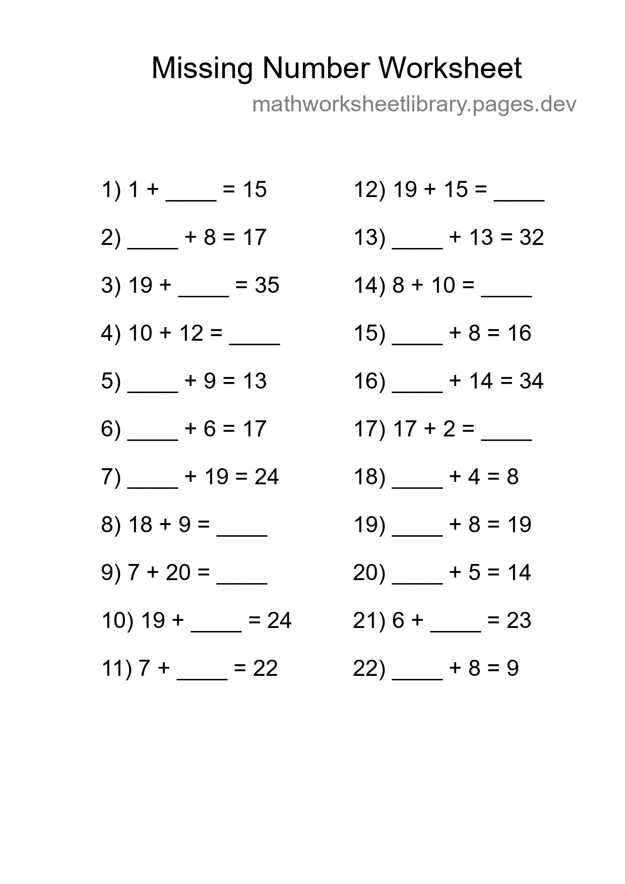 Missing Number Math Worksheet
