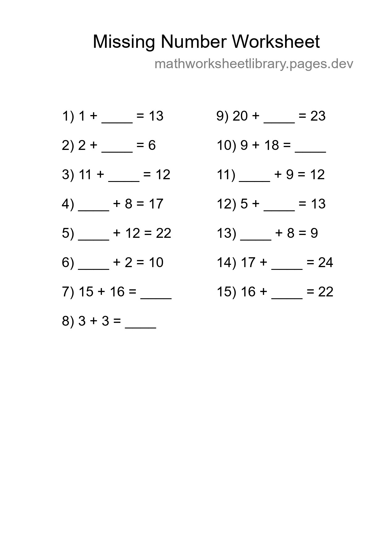 Missing Number Math Worksheet