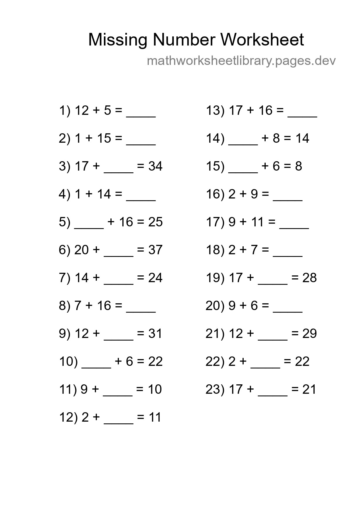 Missing Number Math Worksheet