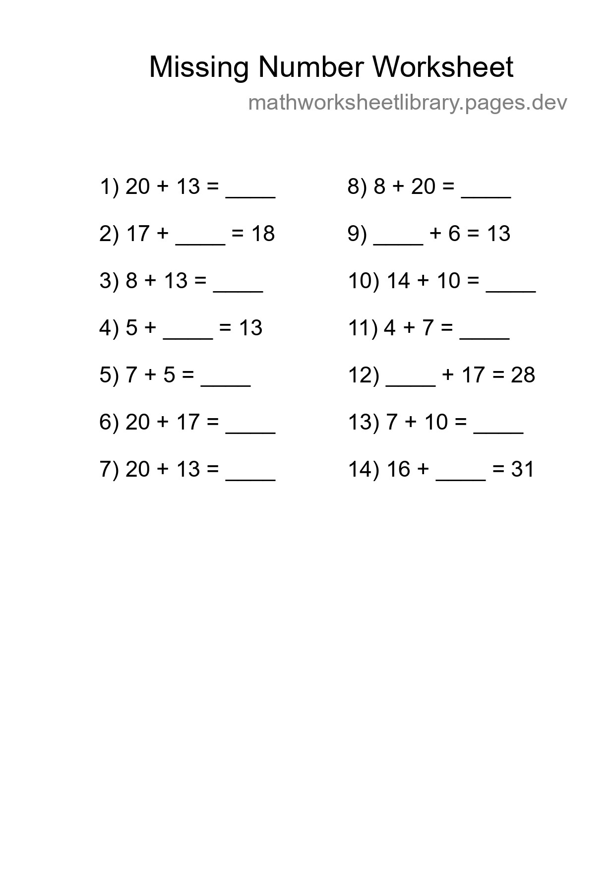 Missing Number Math Worksheet