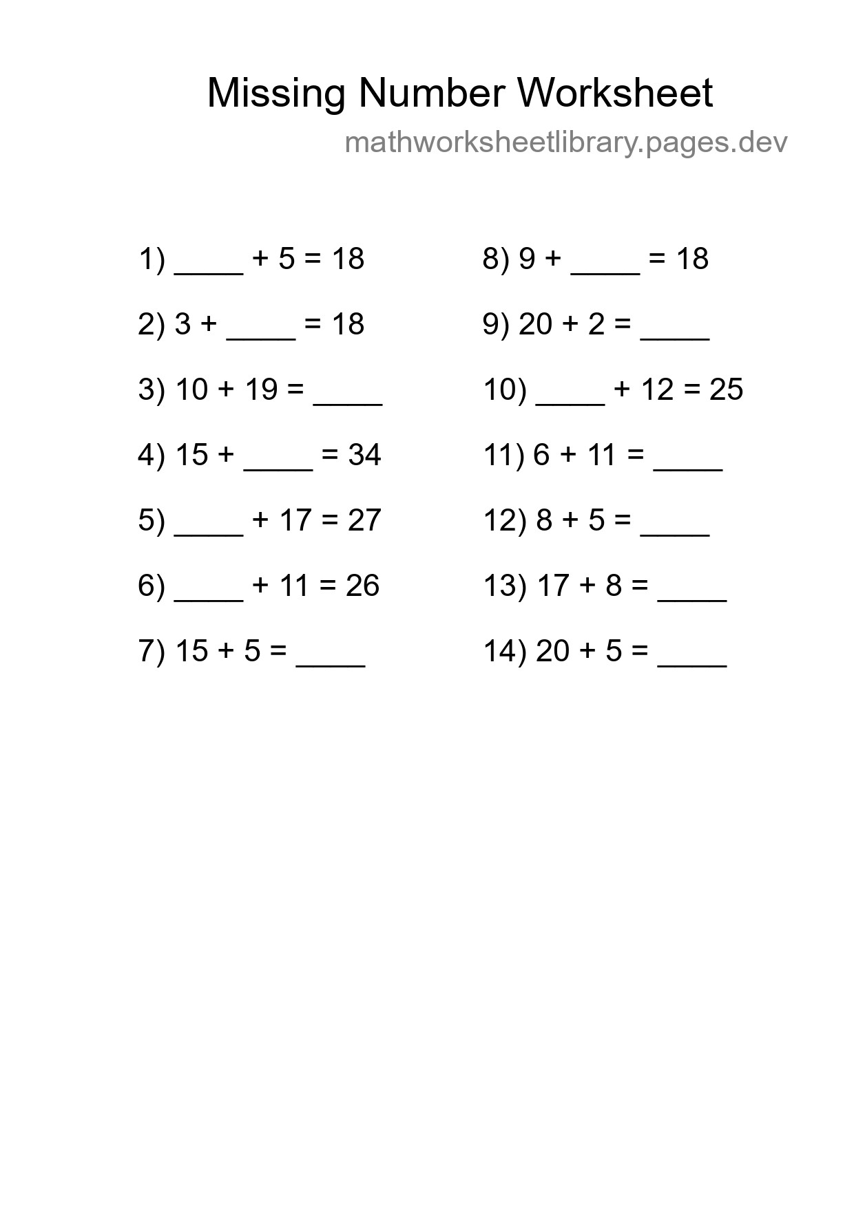 Missing Number Math Worksheet