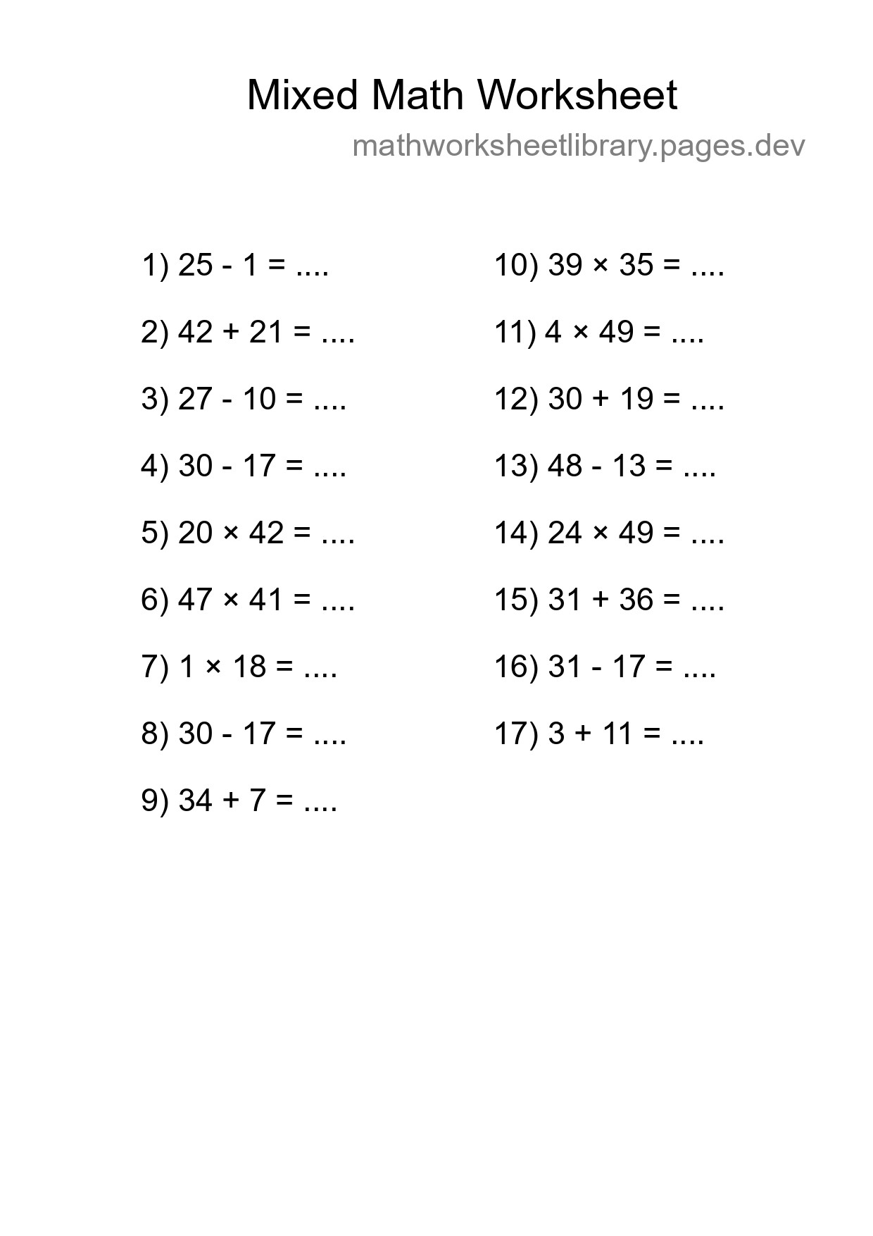 Mixed Operations Math Worksheet
