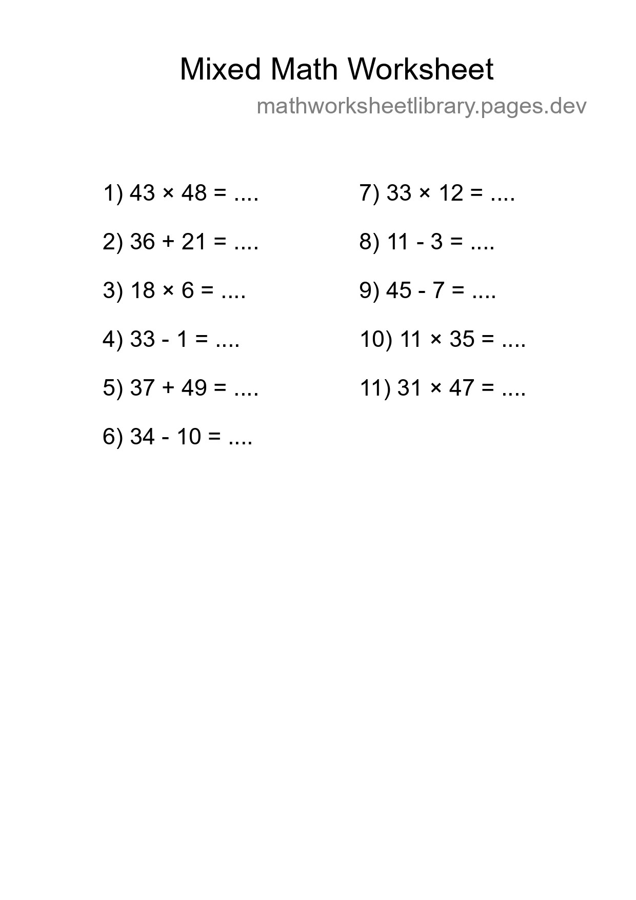 Mixed Operations Math Worksheet
