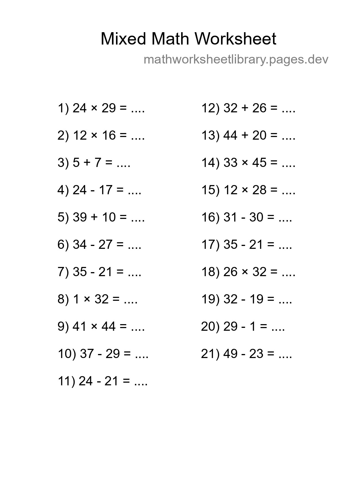 Mixed Operations Math Worksheet
