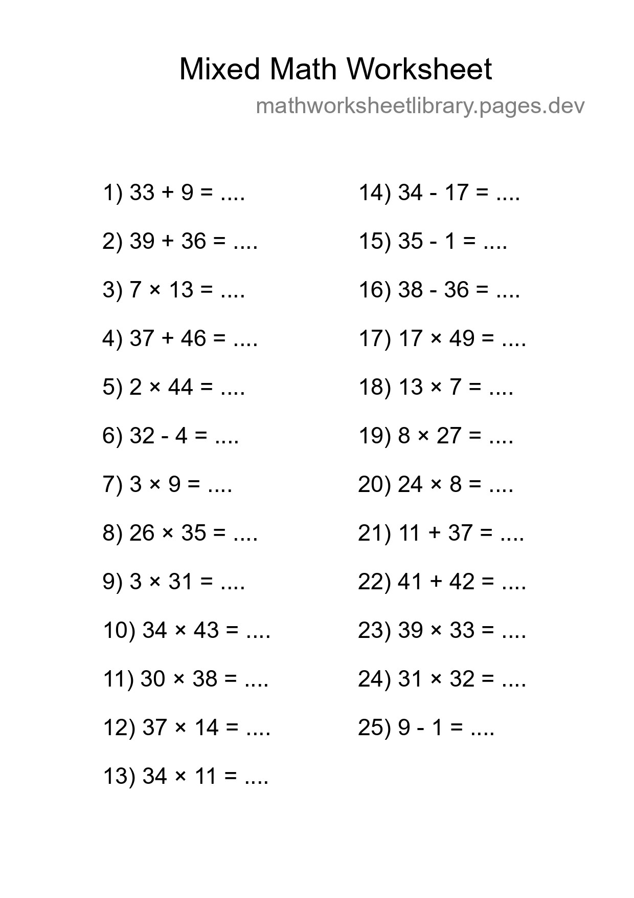 Mixed Operations Math Worksheet